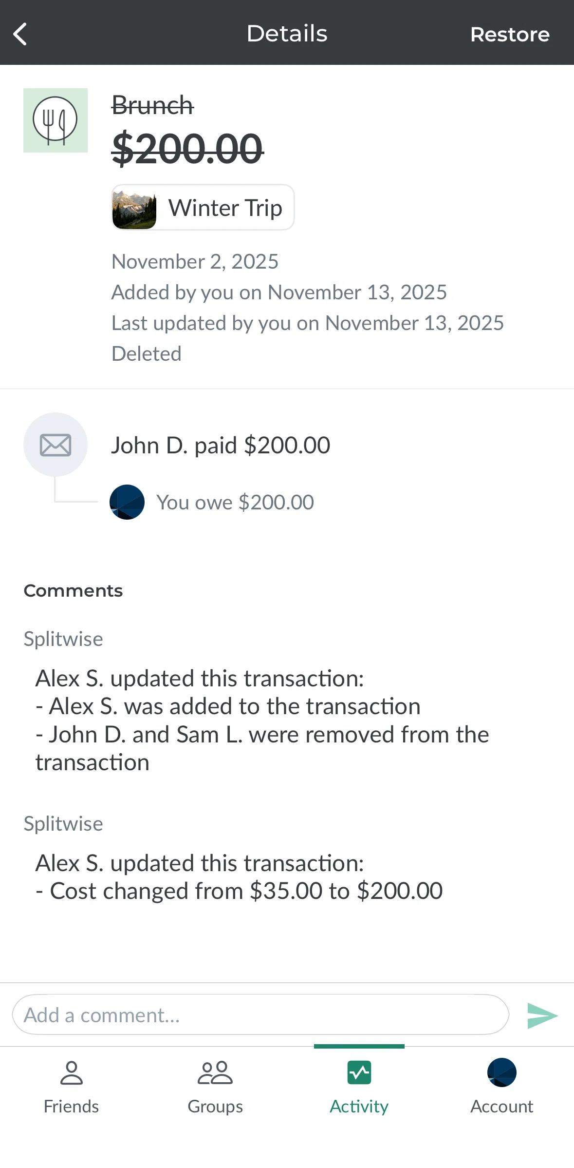 Splitwise Screen screen in the Restoring an expense flow