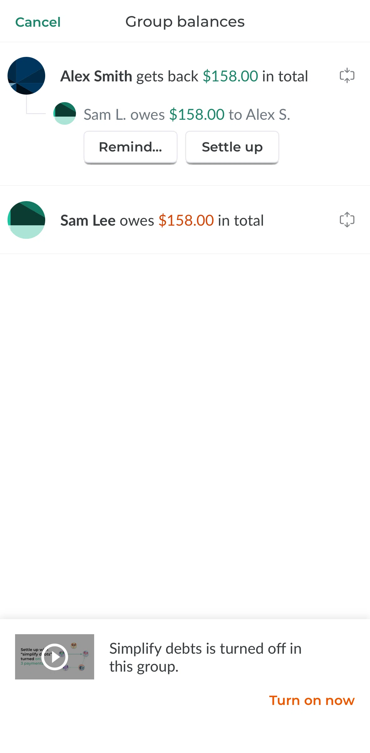 Splitwise Screen screen in the Turning on simplify debts flow