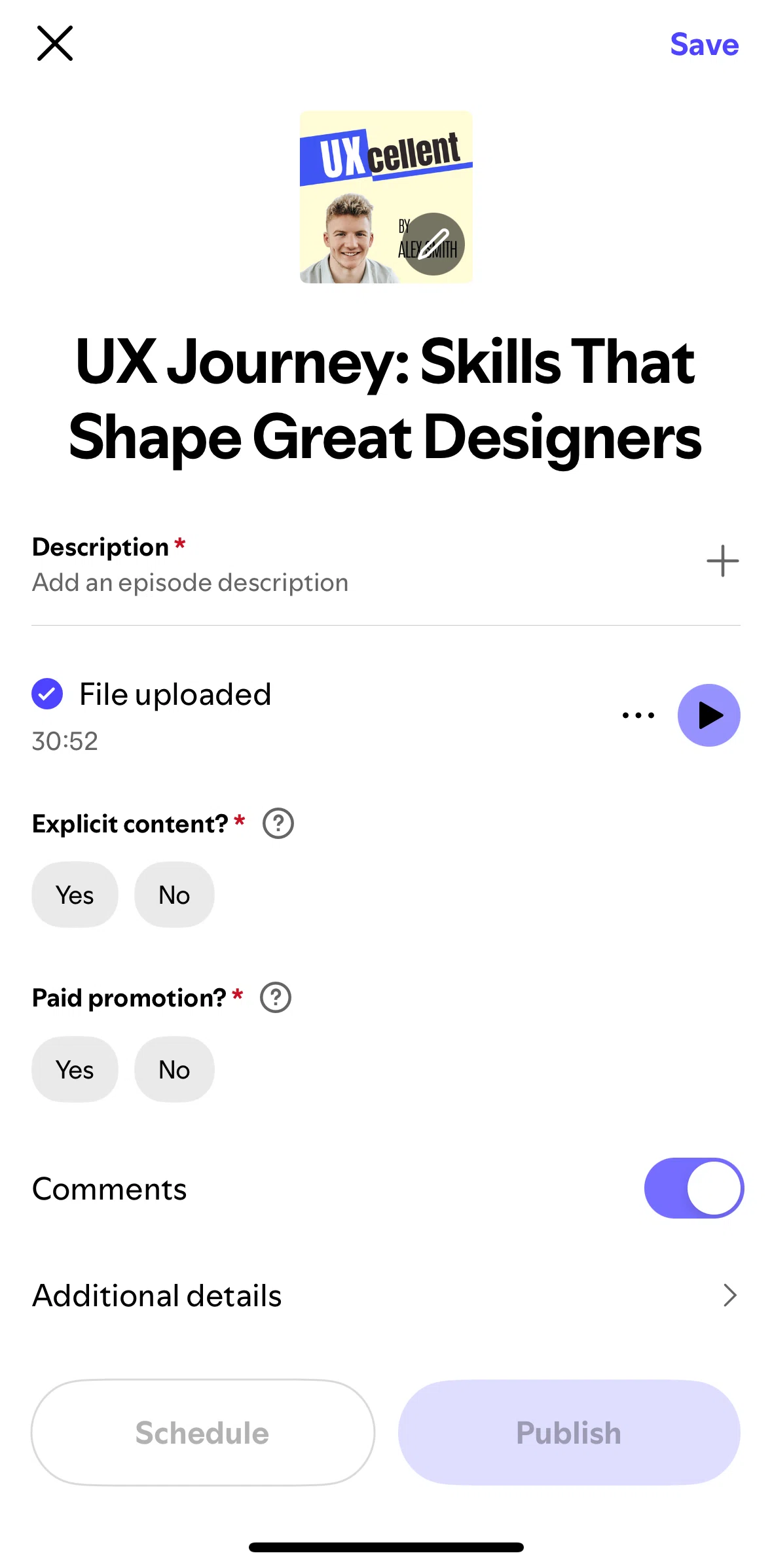 Spotify for Creators Screen screen in the Adding a description flow