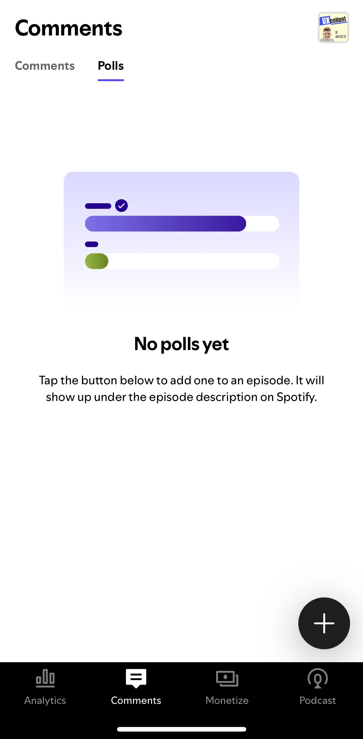 Spotify for Creators Screen screen in the Adding a new poll flow