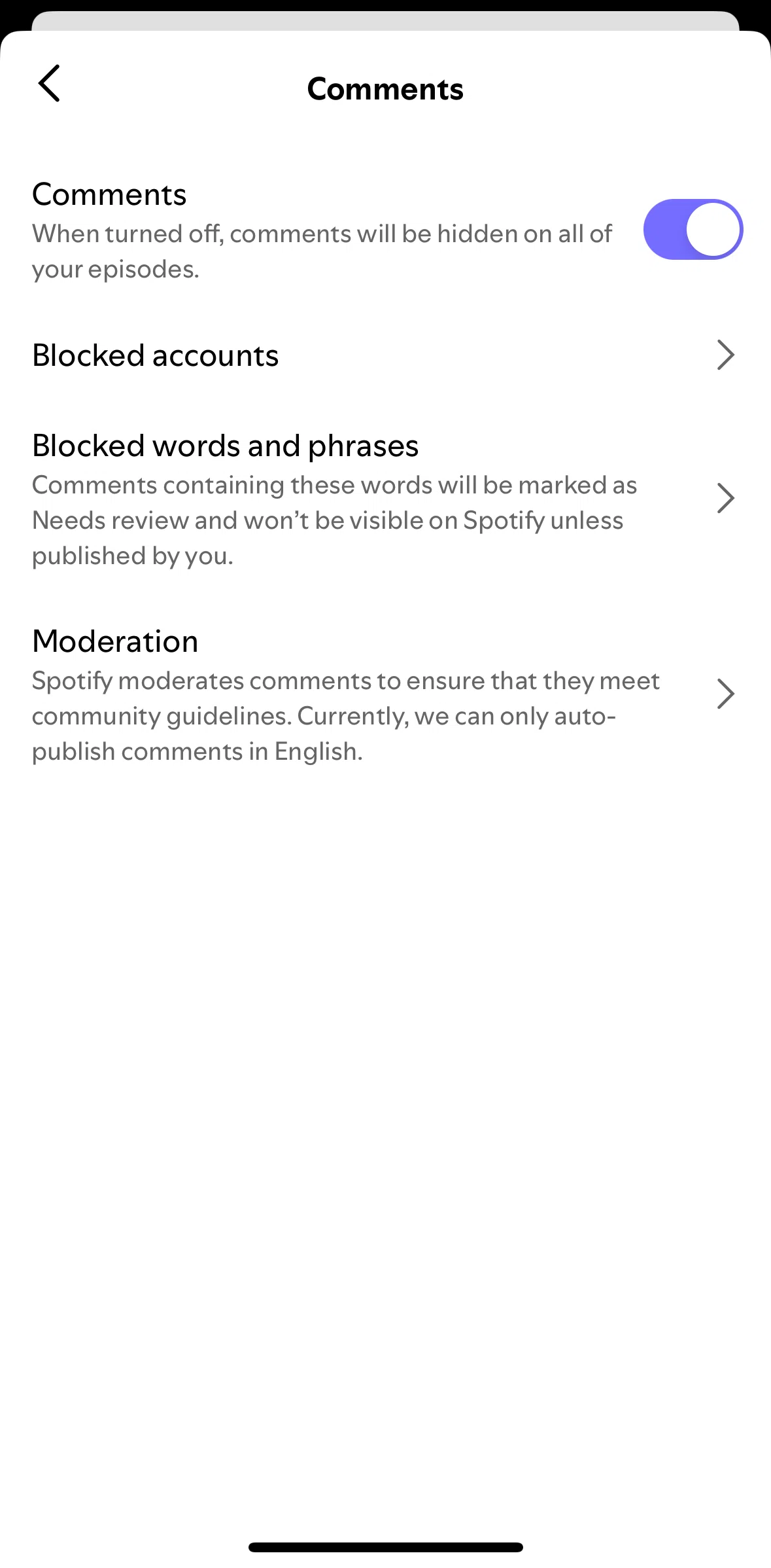 Spotify for Creators Screen screen in the Adding blocked phrases flow