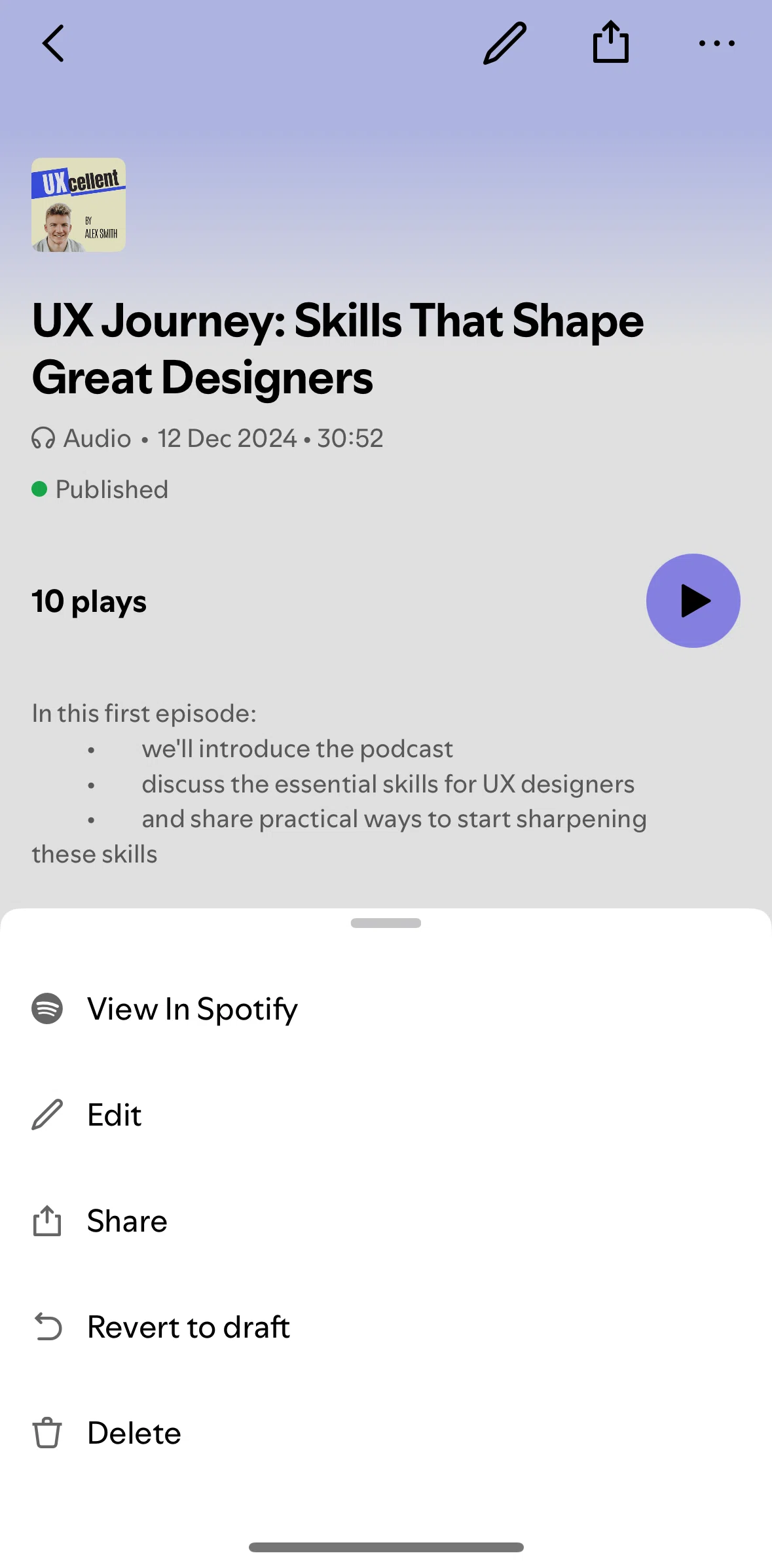Spotify for Creators Screen screen in the Deleting an episode flow