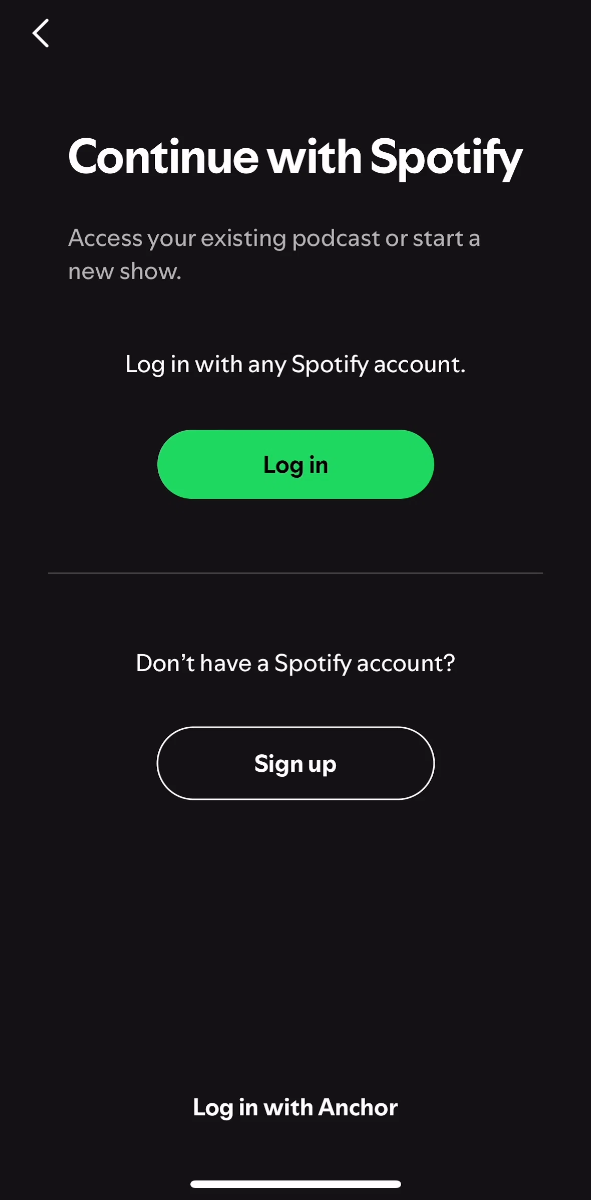 Spotify for Creators Screen screen in the Logging in flow