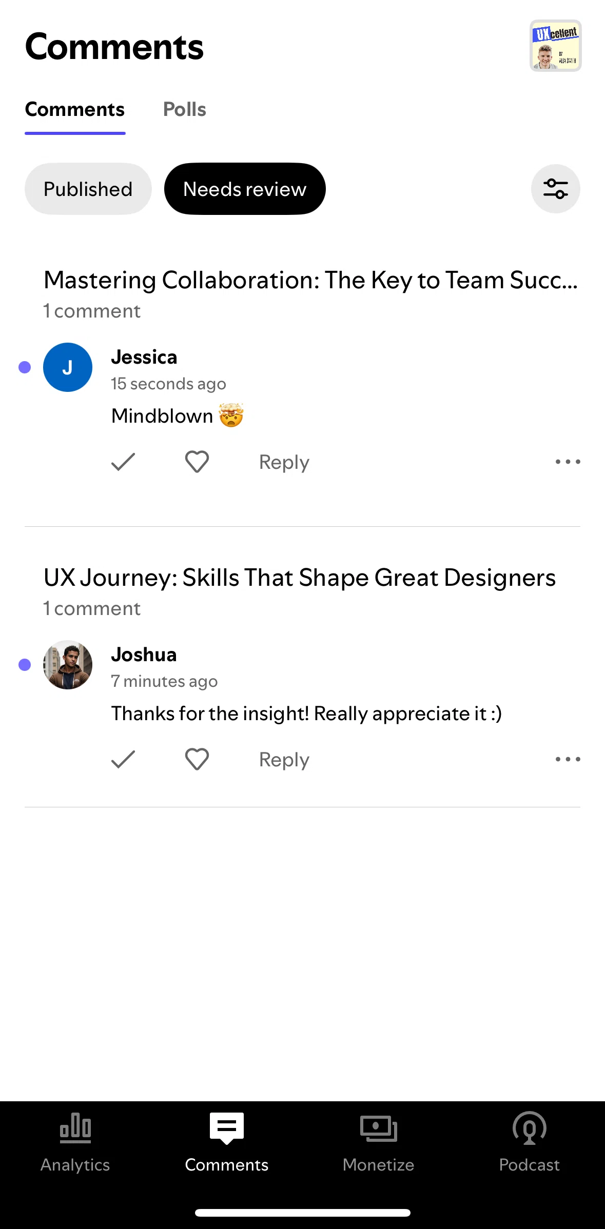 Spotify for Creators Screen screen in the Publishing comment flow