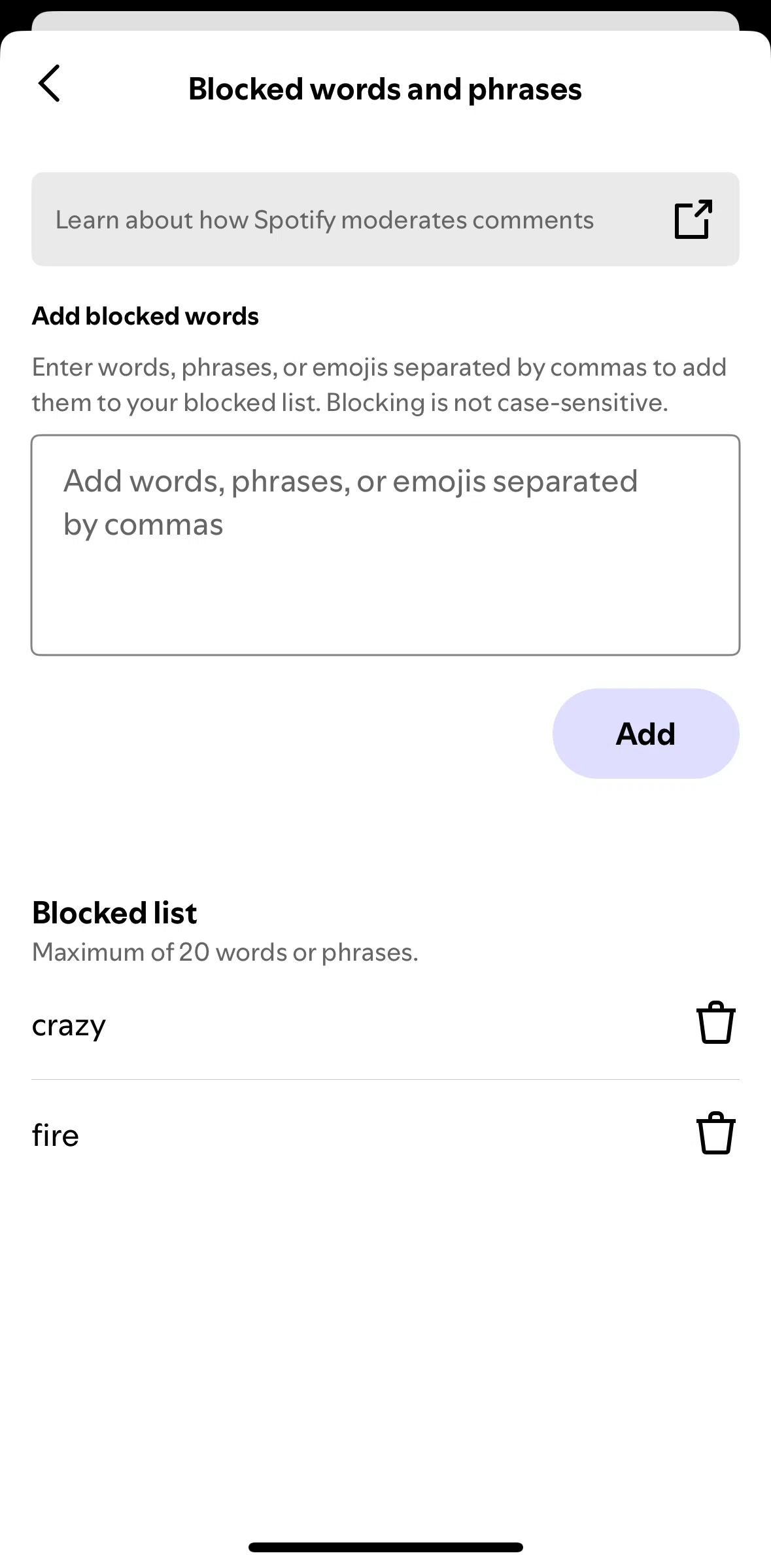 Spotify for Creators Screen screen in the Removing a blocked word flow