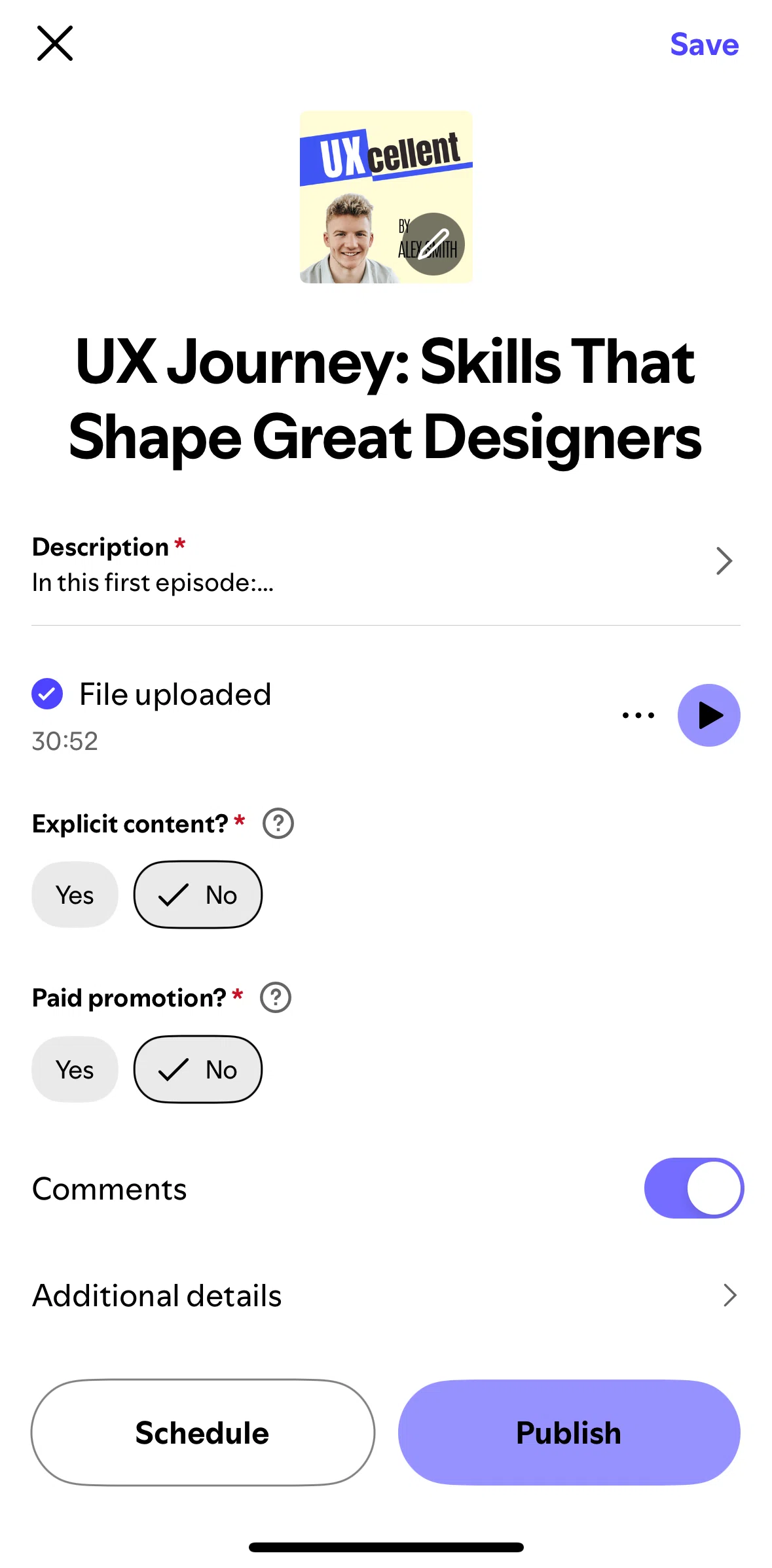 Spotify for Creators Screen screen in the Scheduling an episode flow