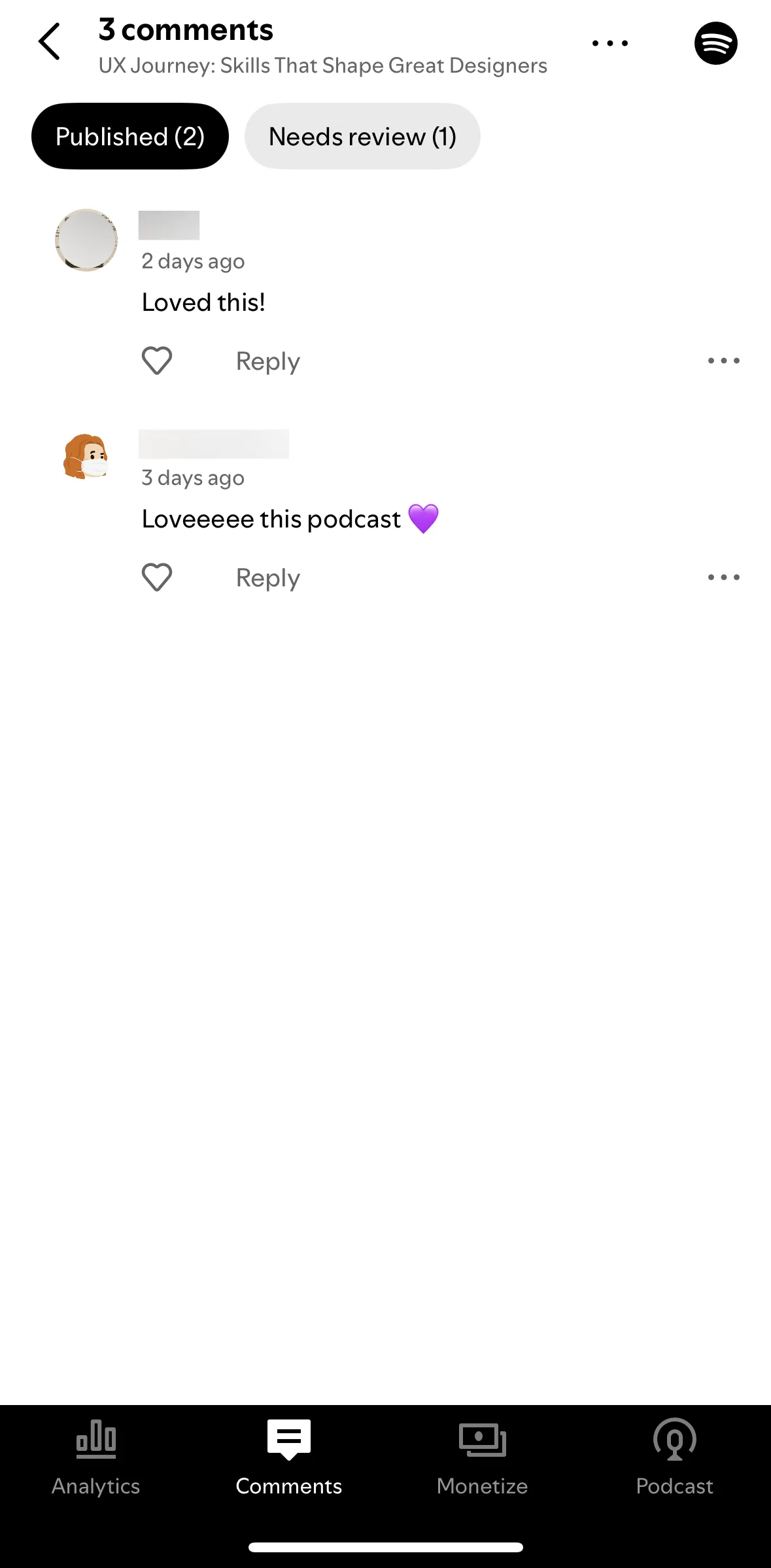 Spotify for Creators Screen screen in the View comments on Spotify flow