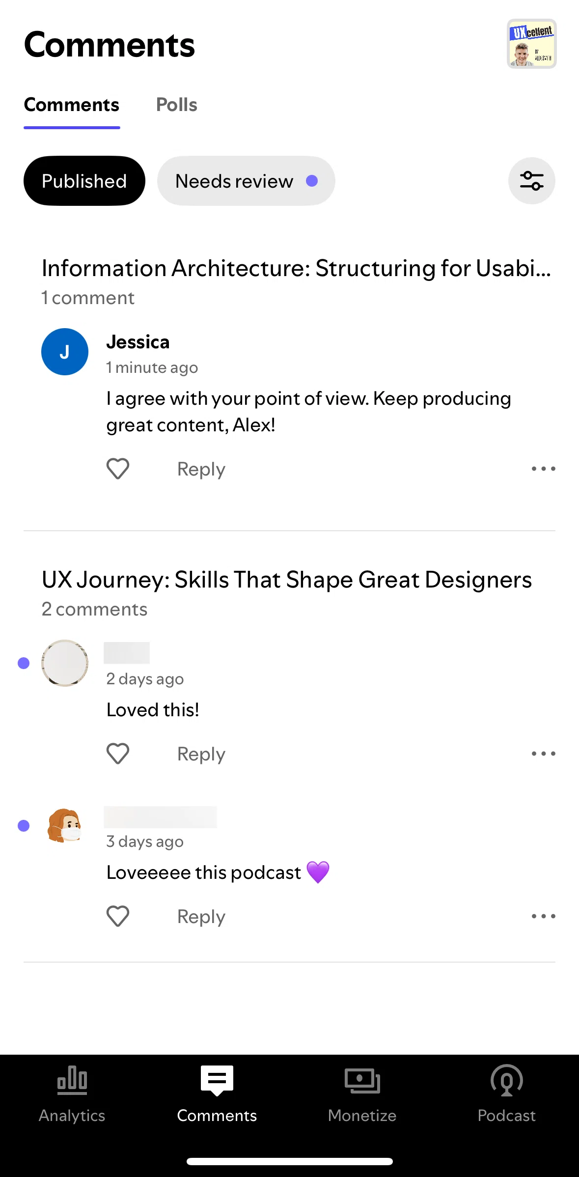 Spotify for Creators Screen screen in the View episode comments flow