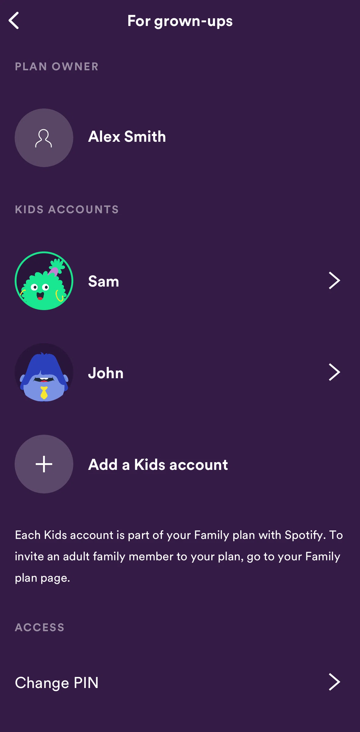 Spotify Kids Screen screen in the Account settings flow