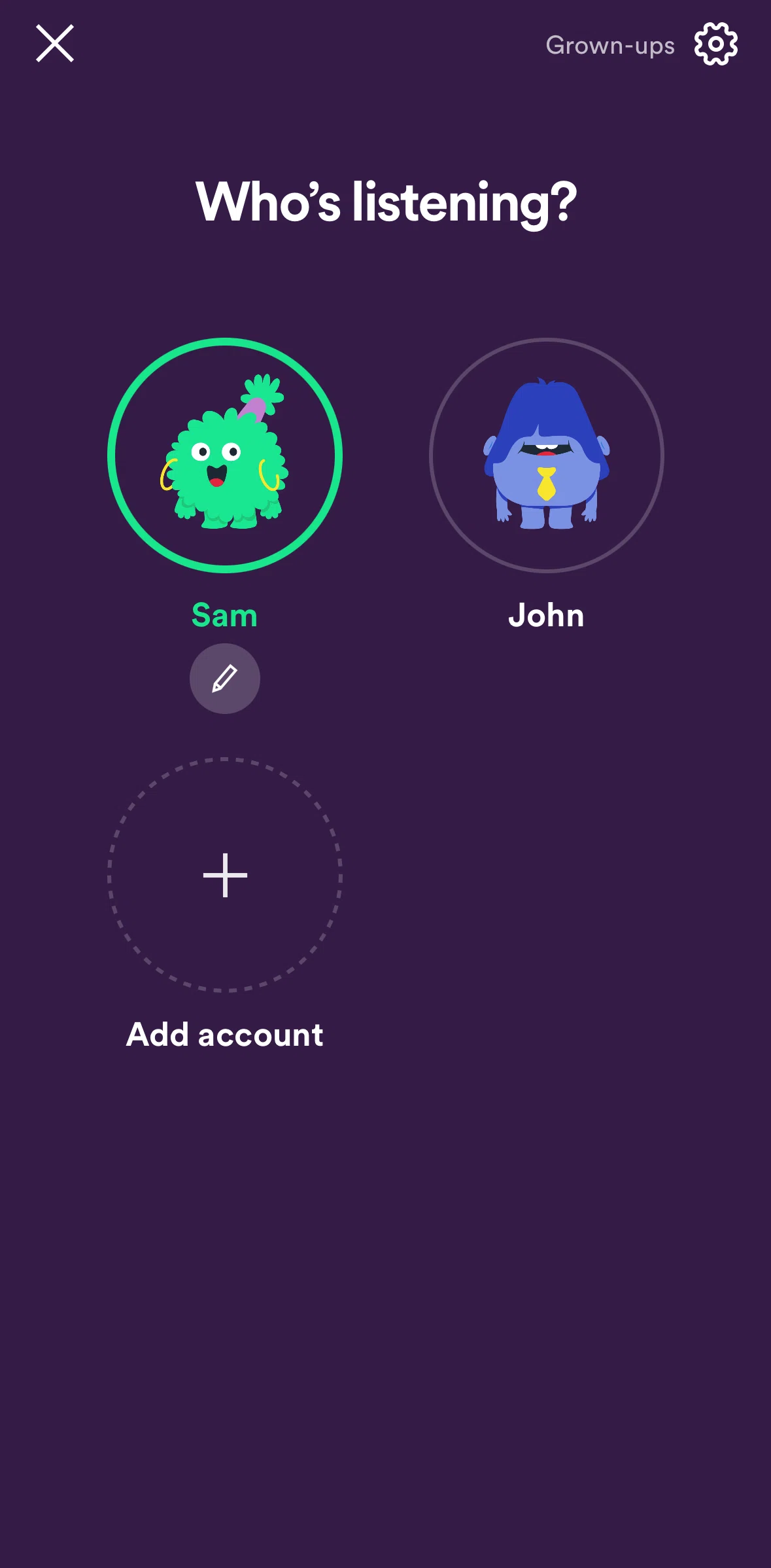 Spotify Kids Screen screen in the Adding new account flow
