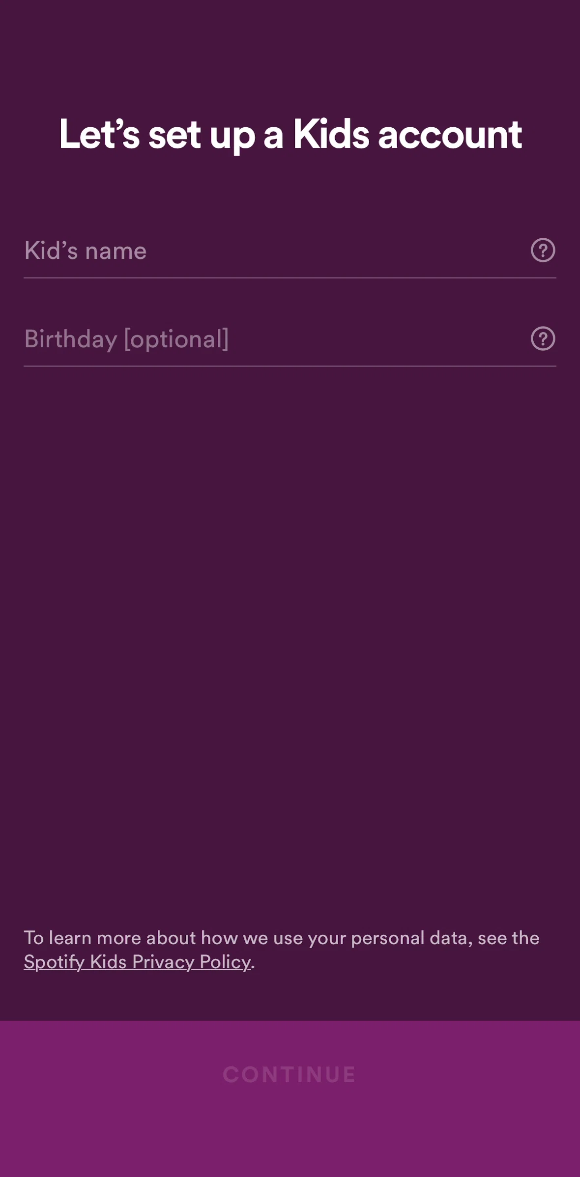 Spotify Kids Screen screen in the Creating an account flow