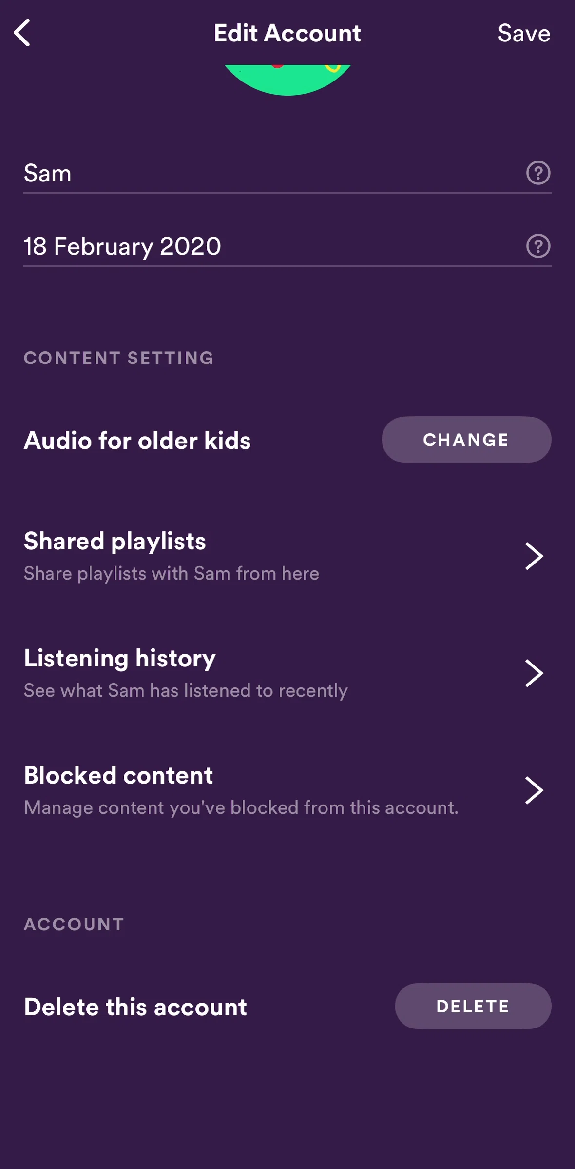 Spotify Kids Screen screen in the Deleting account flow