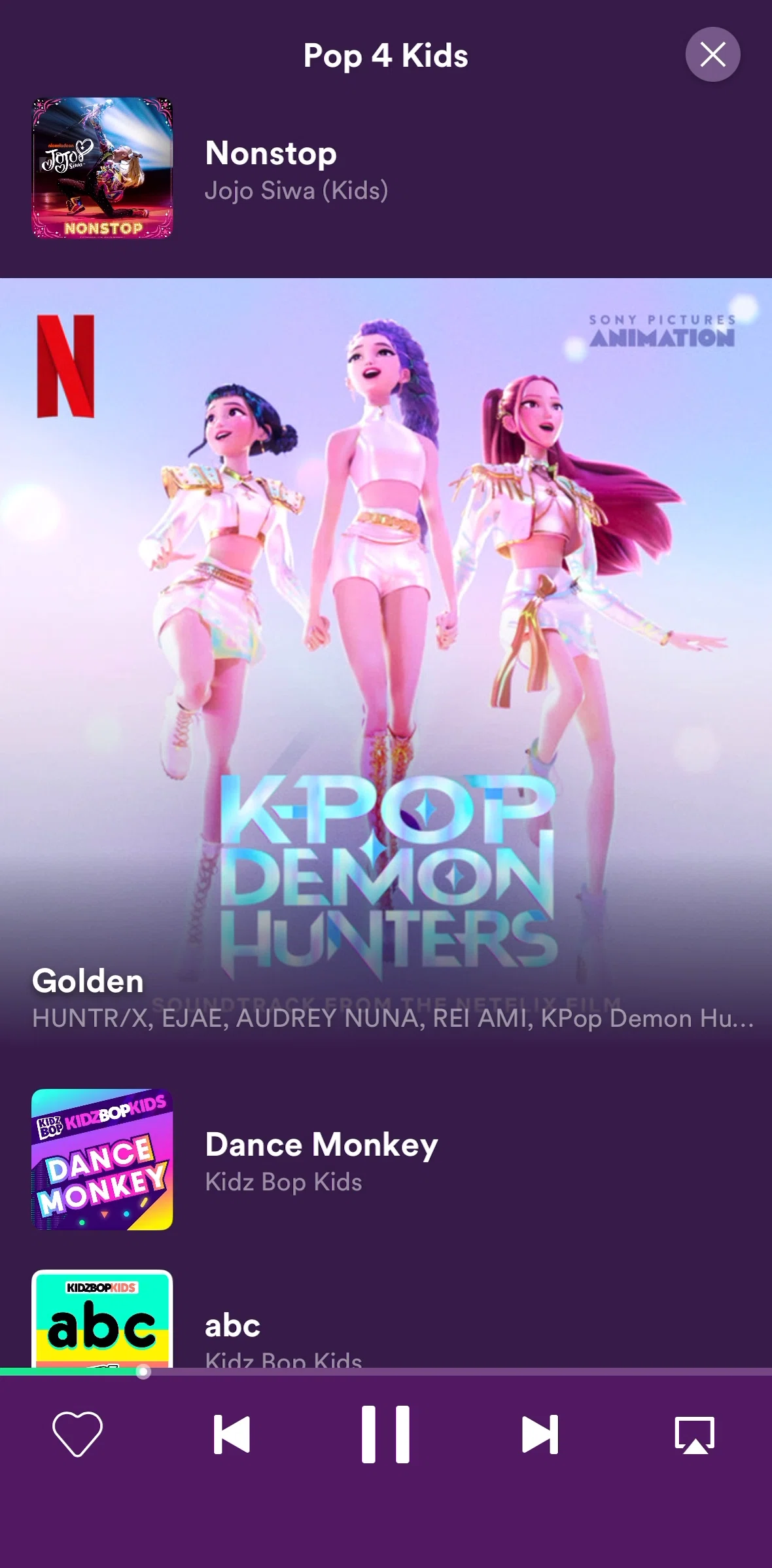 Spotify Kids Screen screen in the Favoriting a song flow