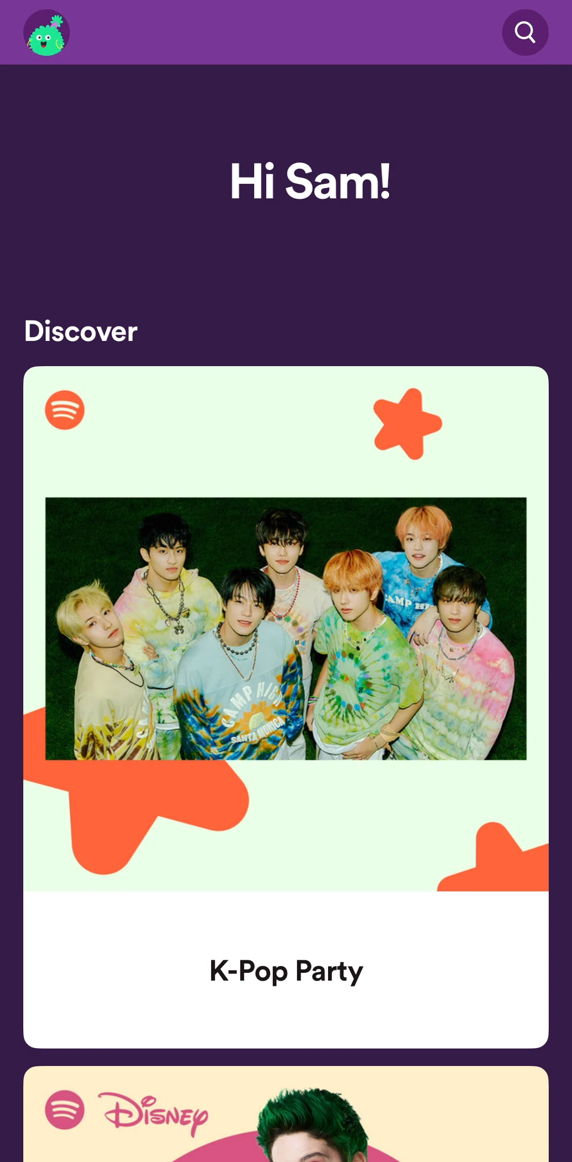 Spotify Kids Screen screen in the Home flow