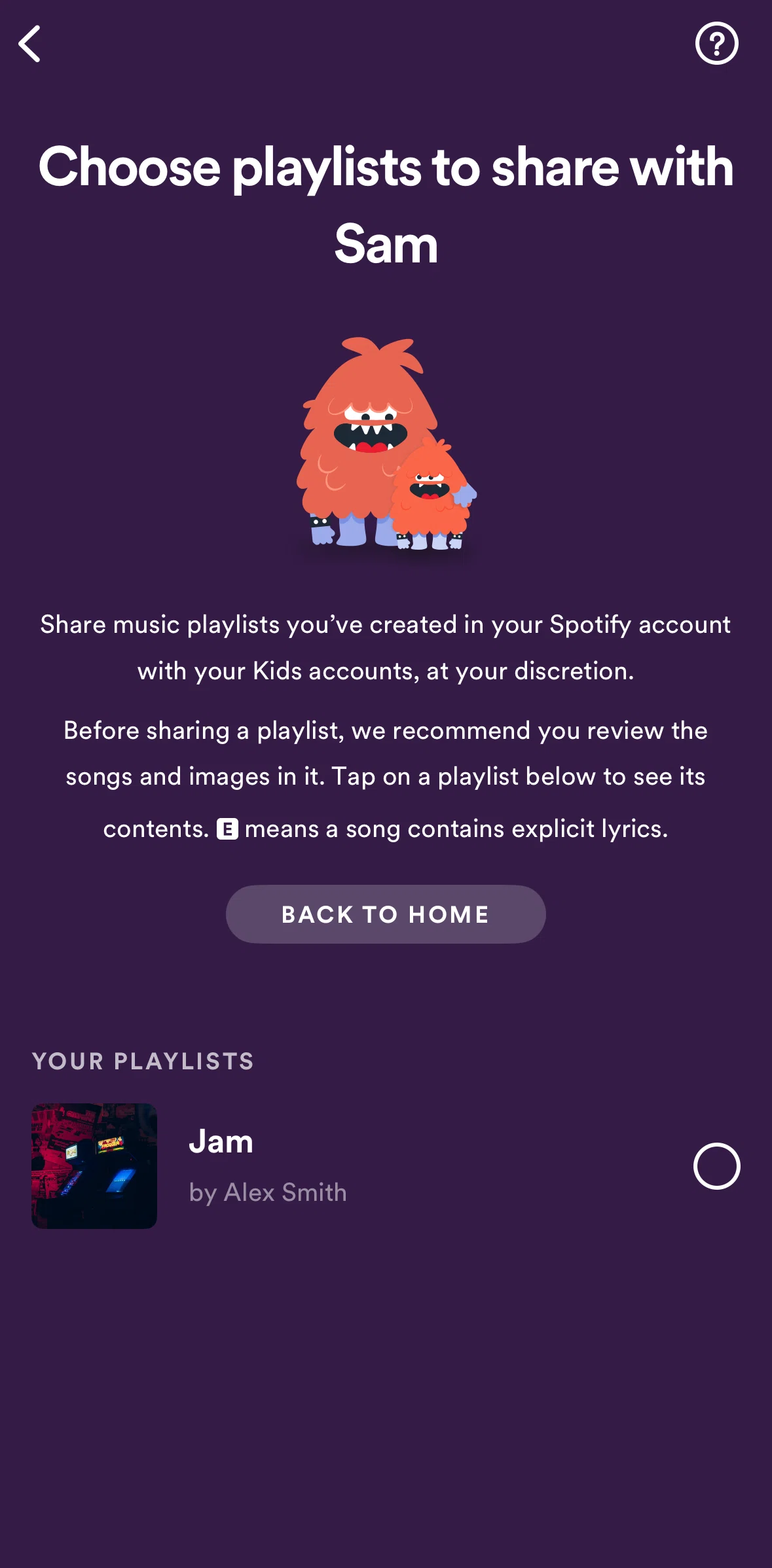 Spotify Kids Screen screen in the How to share playlists flow