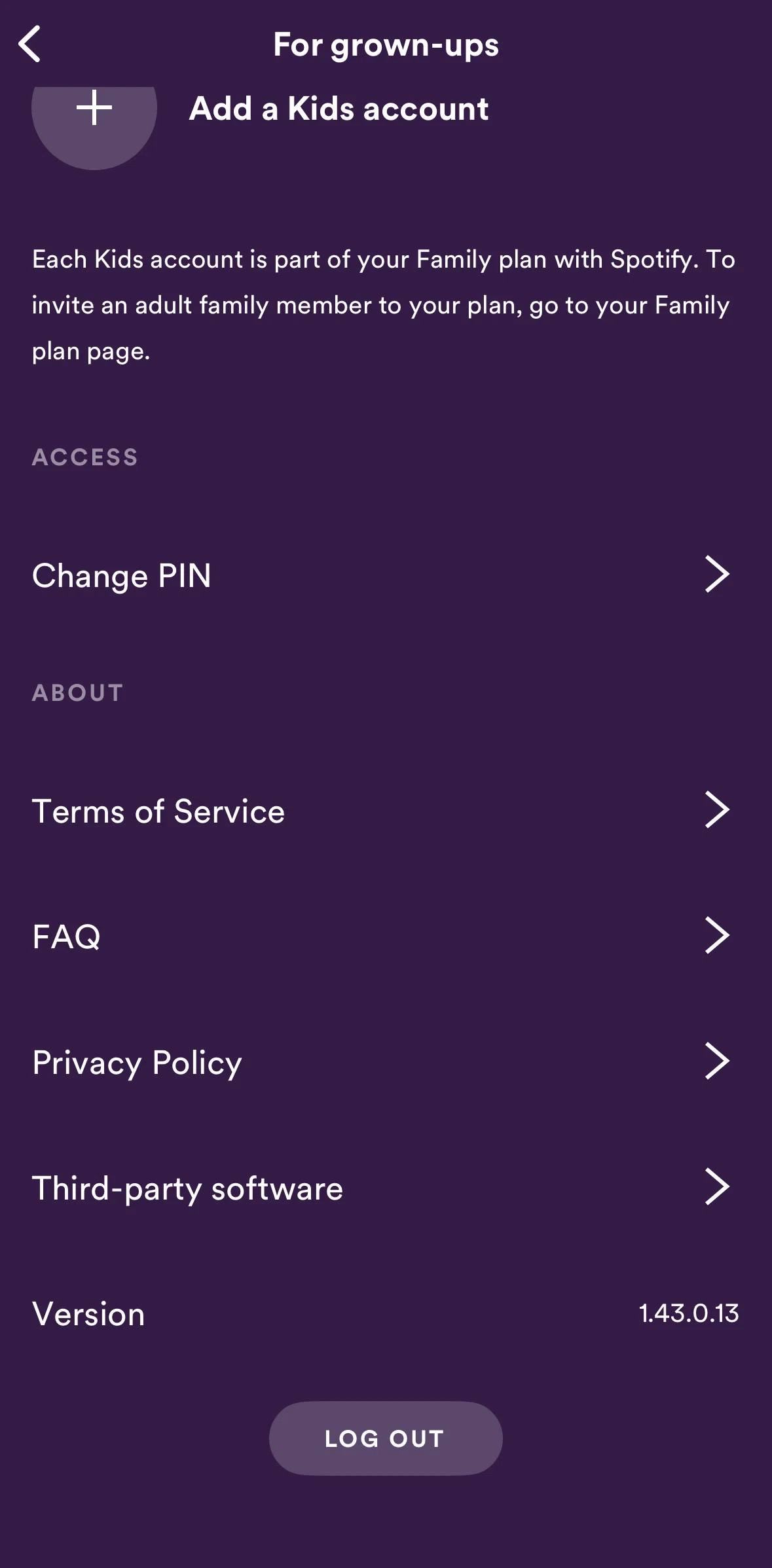 Spotify Kids Screen screen in the Logging out flow