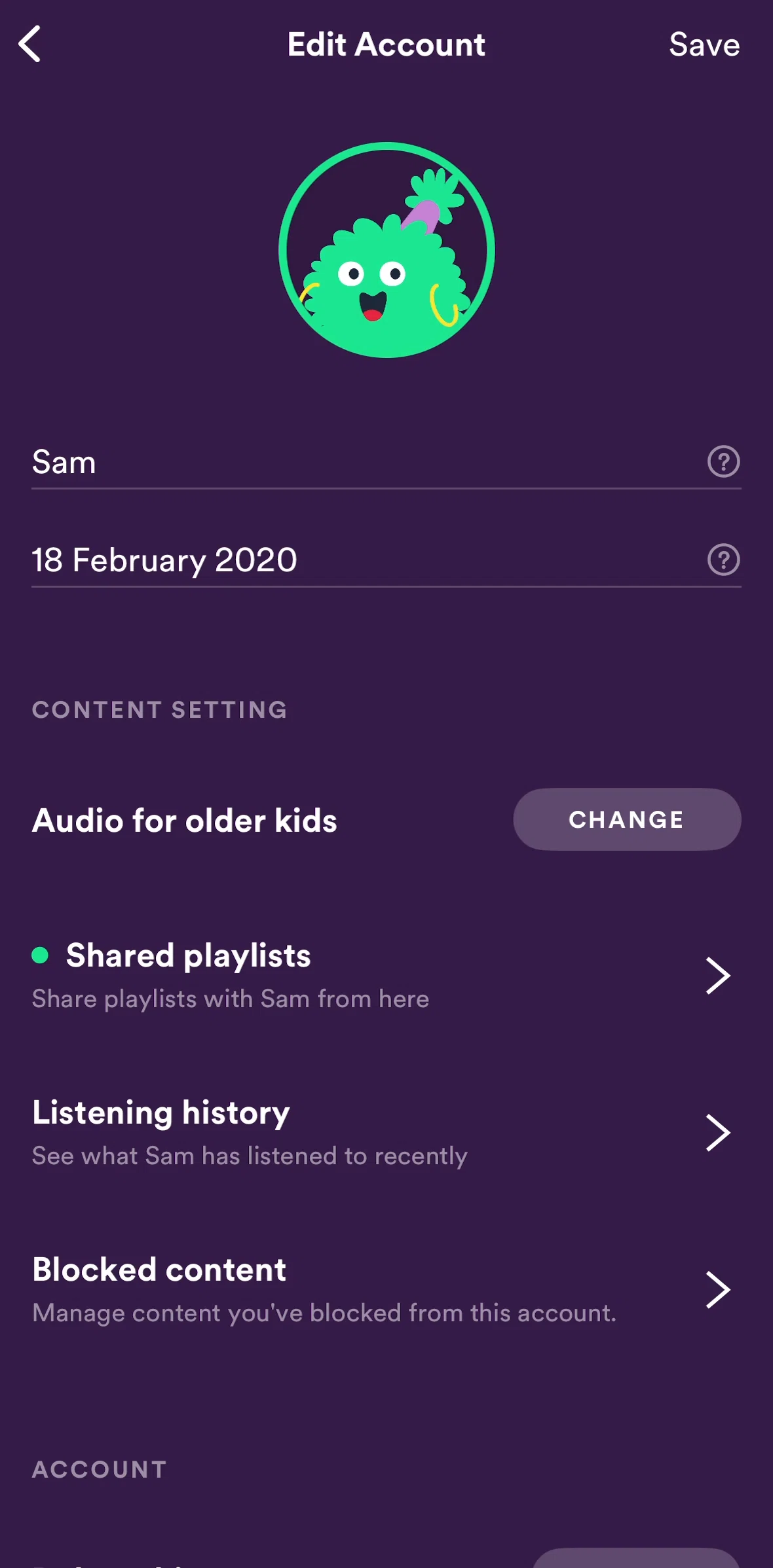 Spotify Kids Screen screen in the Shared playlists (settings) flow
