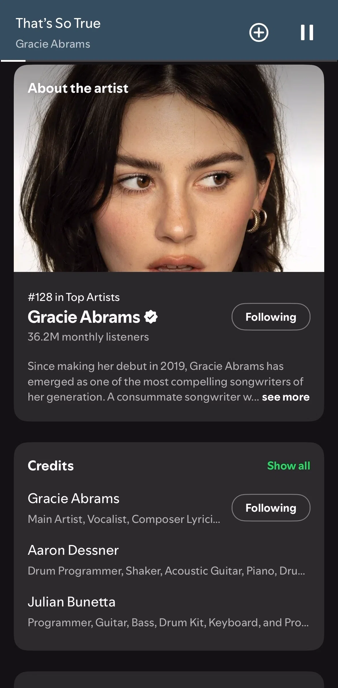 Spotify Screen screen in the About the artist flow