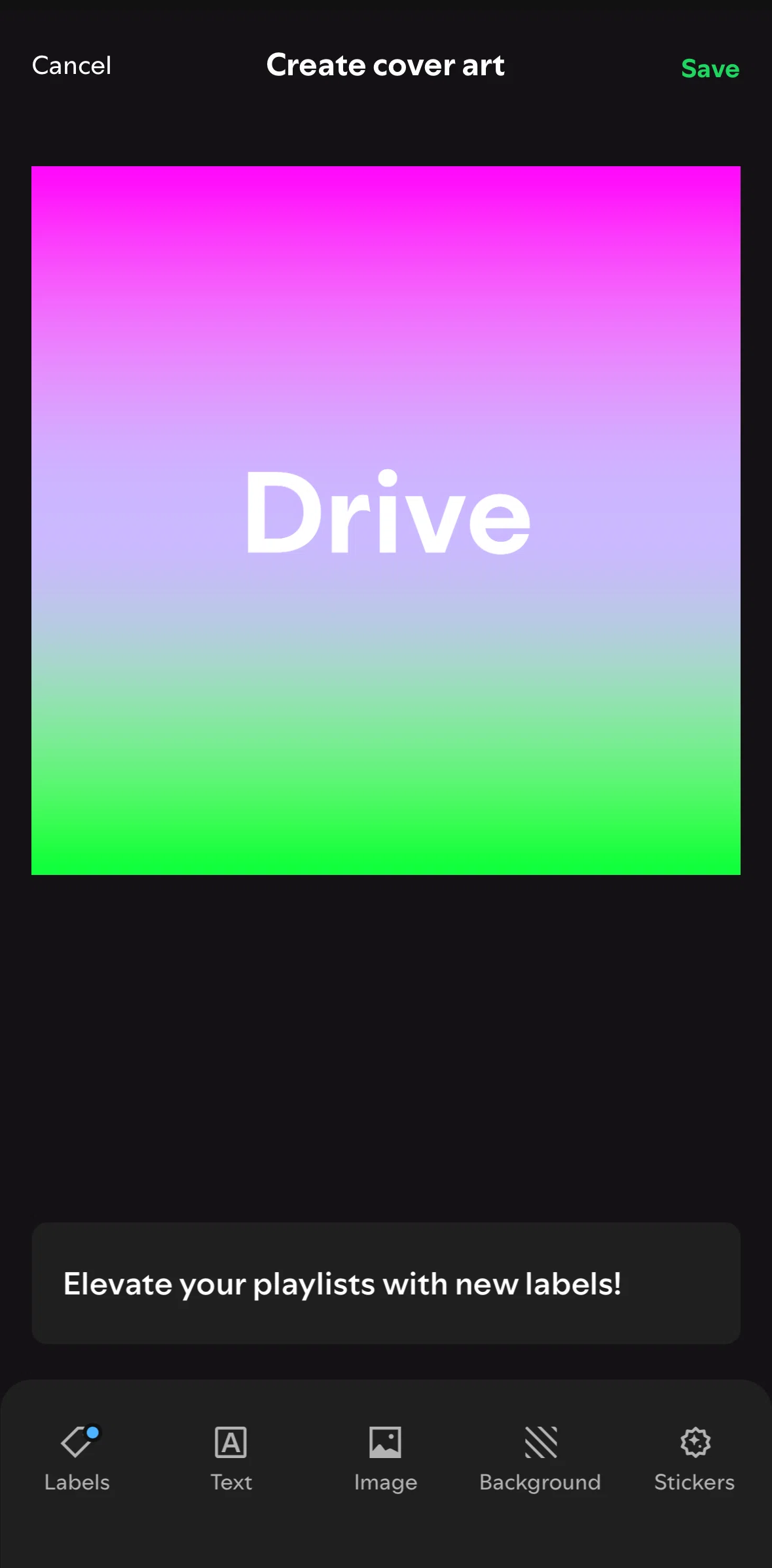 Spotify Screen screen in the Adding a label flow