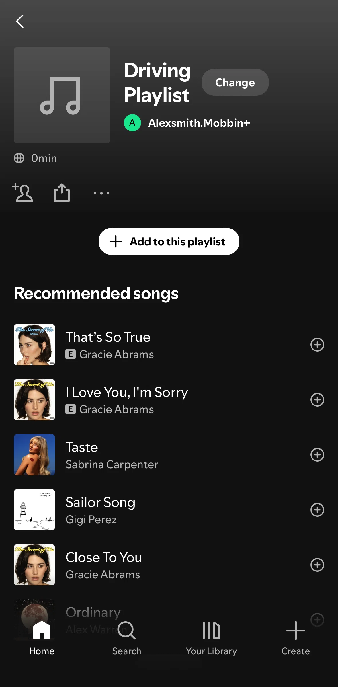 Spotify Screen screen in the Adding a song to playlist (Library) flow