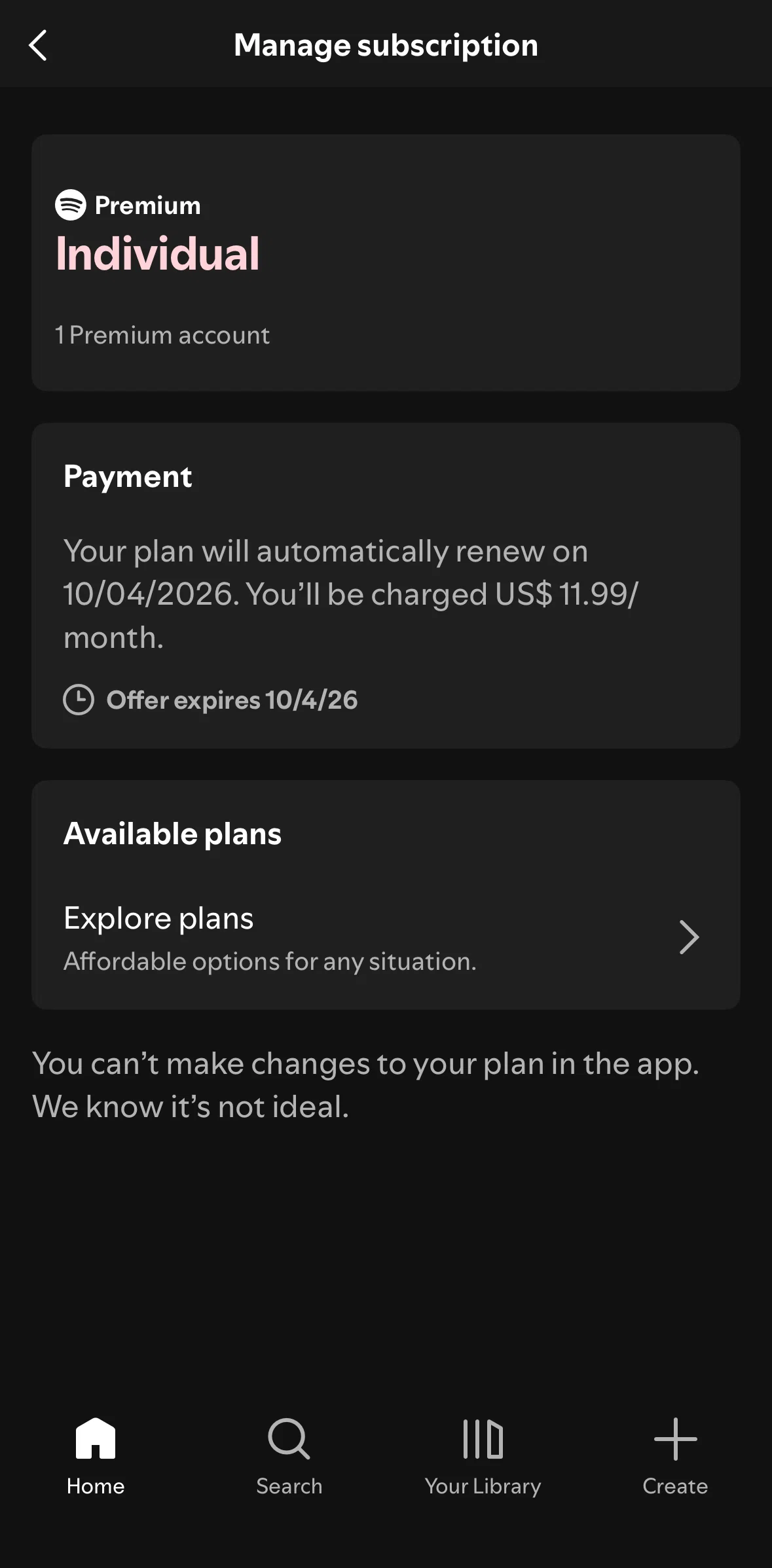 Spotify Screen screen in the Available plans flow