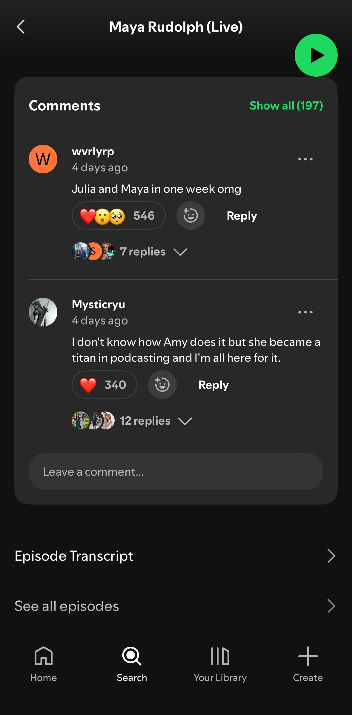 Spotify Screen screen in the Commenting on an episode flow