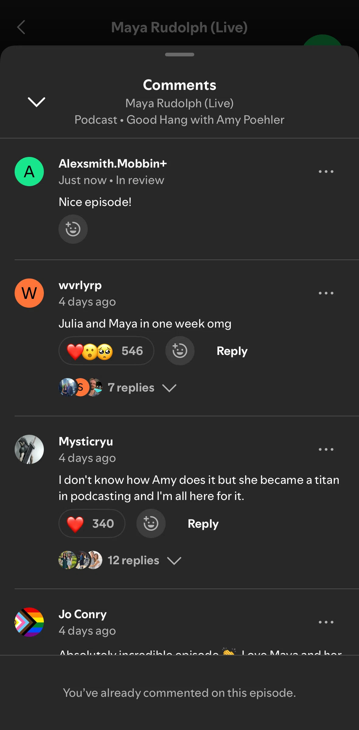Spotify Screen screen in the Deleting a comment flow