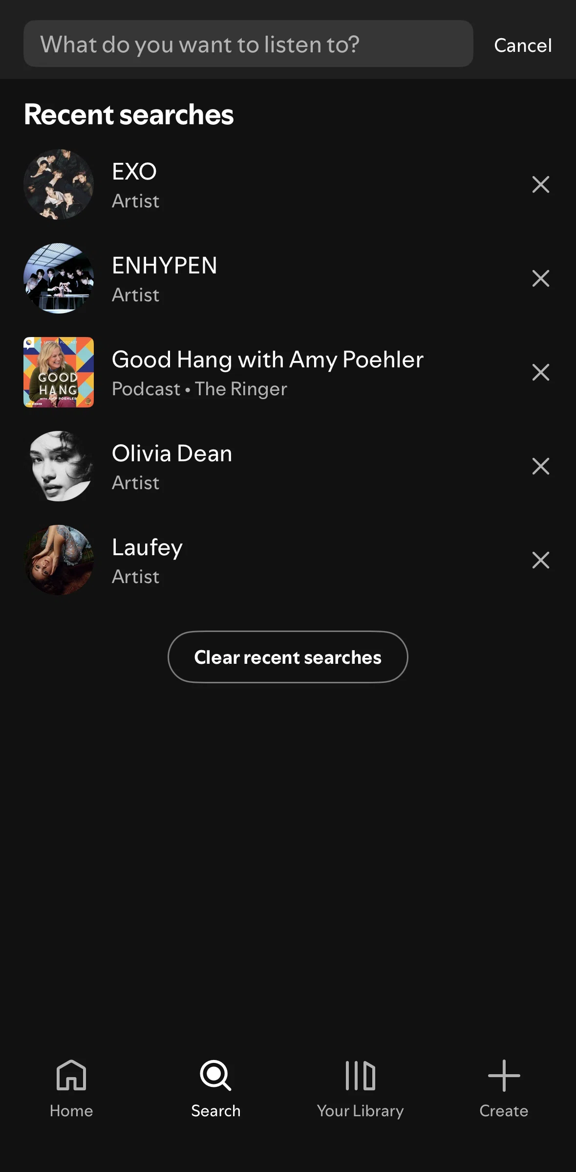 Spotify Screen screen in the Deleting recent searches flow