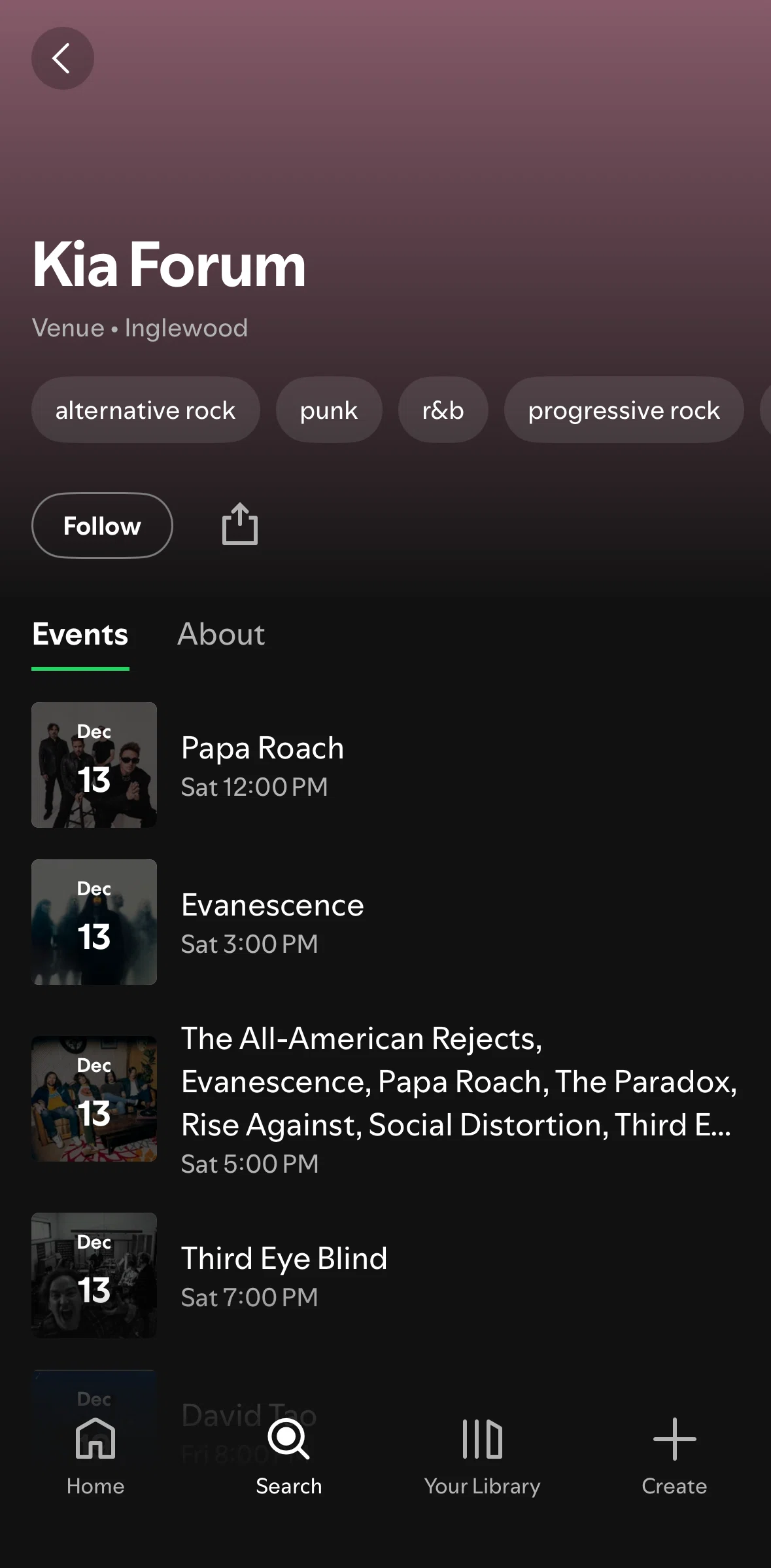 Spotify Screen screen in the Following a venue flow