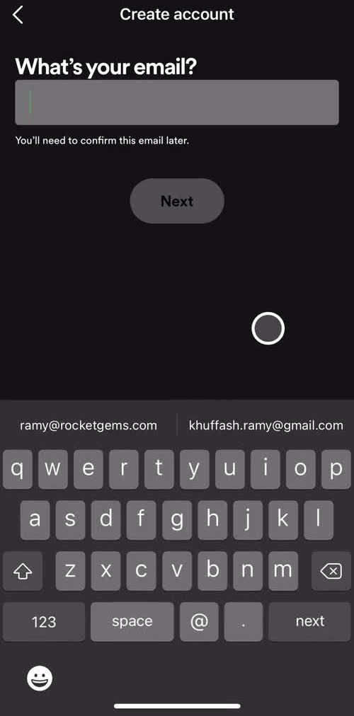 Spotify Enter email screen in the Onboarding flow