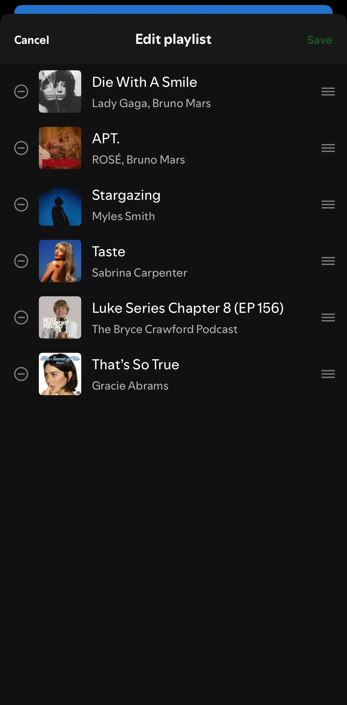 Spotify Screen screen in the Reordering a playlist flow