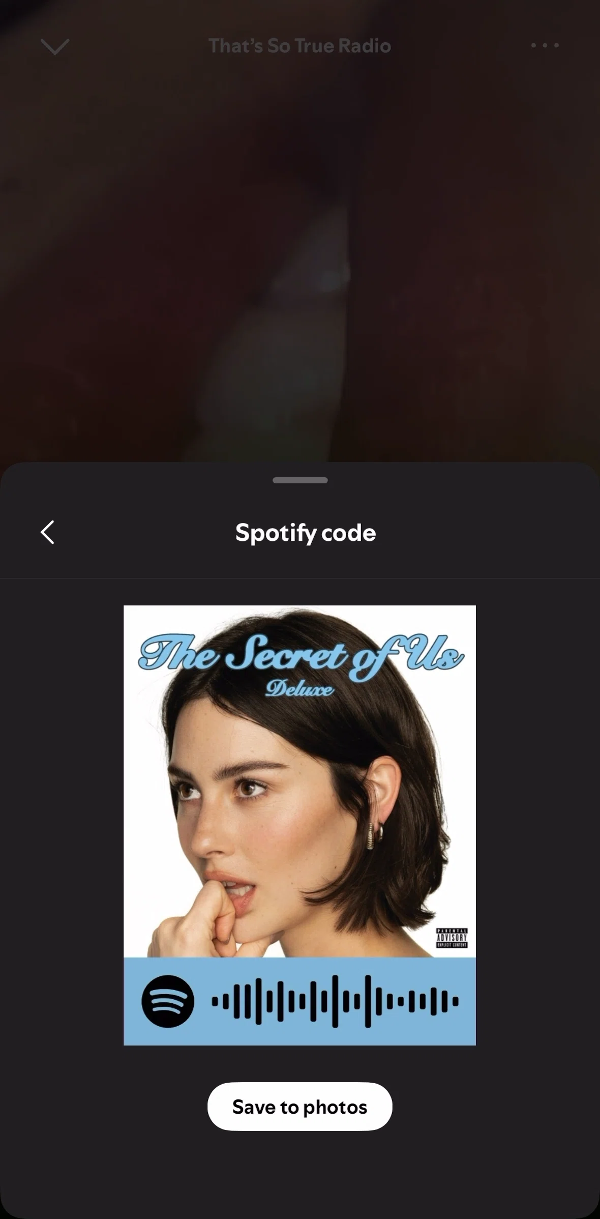 Spotify Screen screen in the Saving a code to photos flow