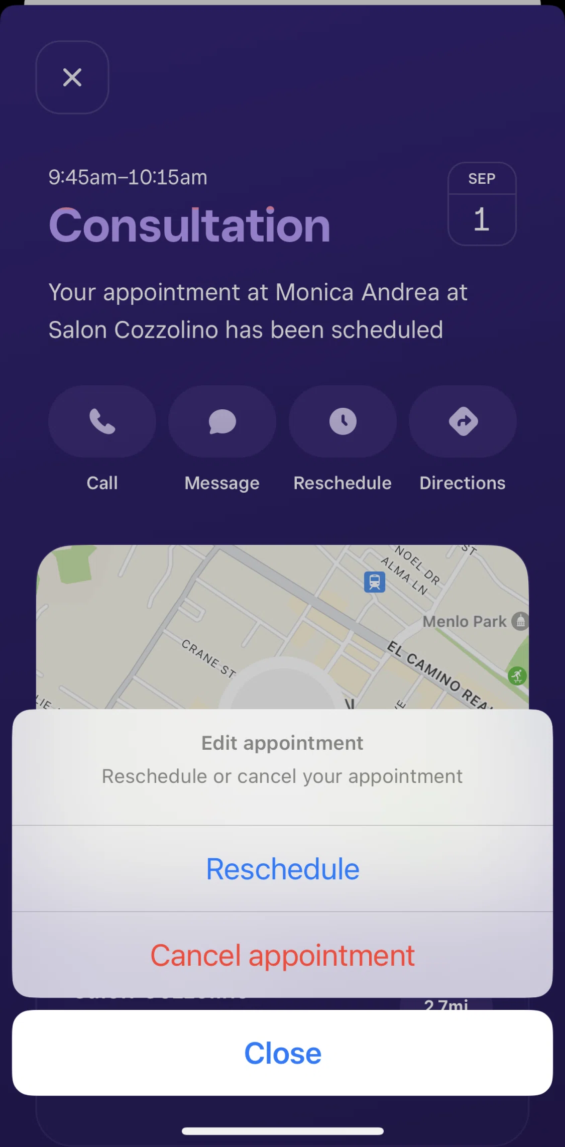 Square Go Screen screen in the Canceling an appointment flow