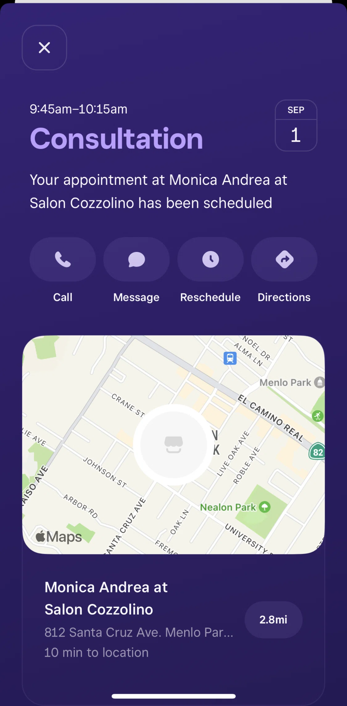 Square Go Screen screen in the Rescheduling an appointment flow