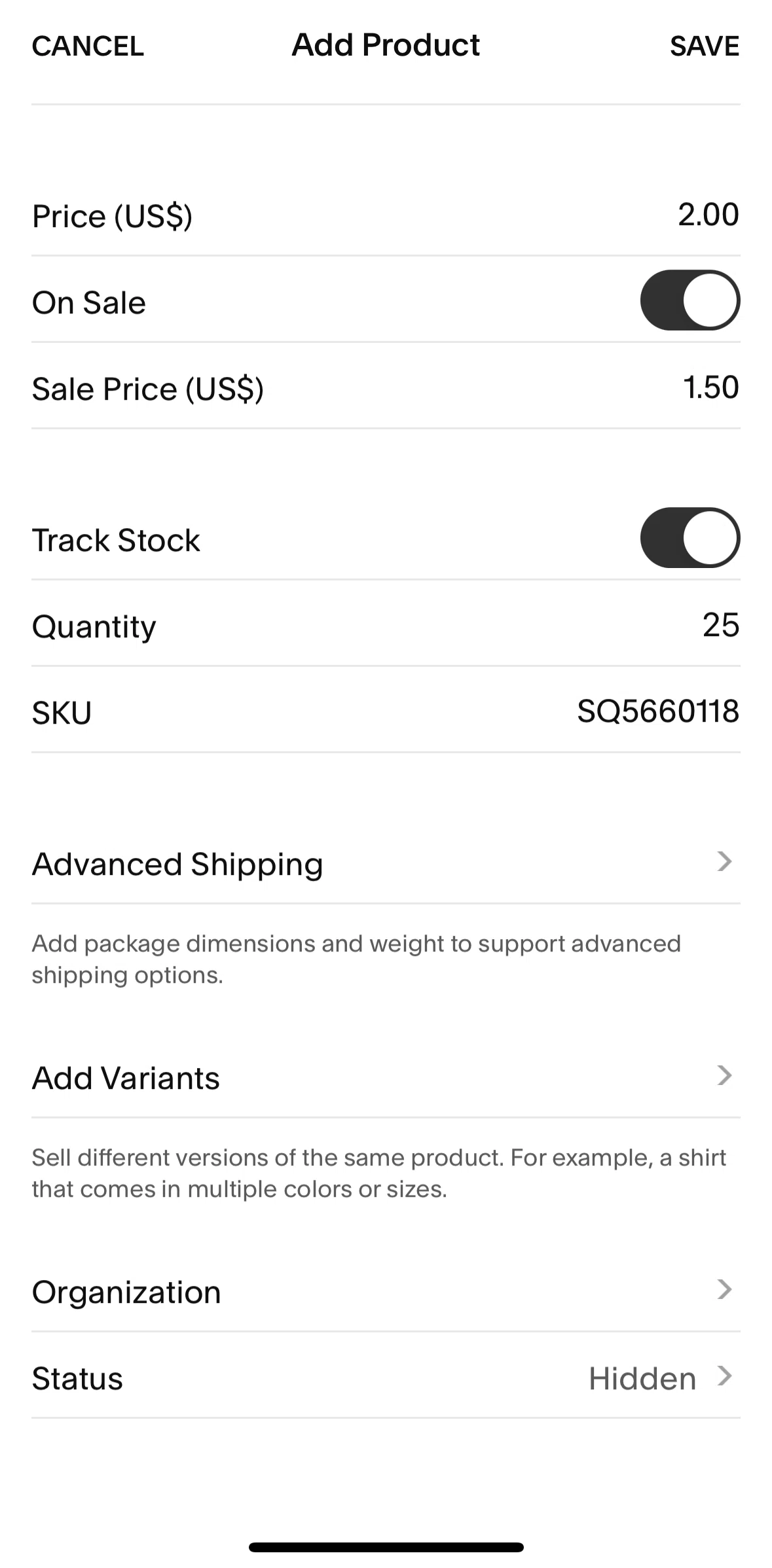 Squarespace Screen screen in the Adding package shipping flow