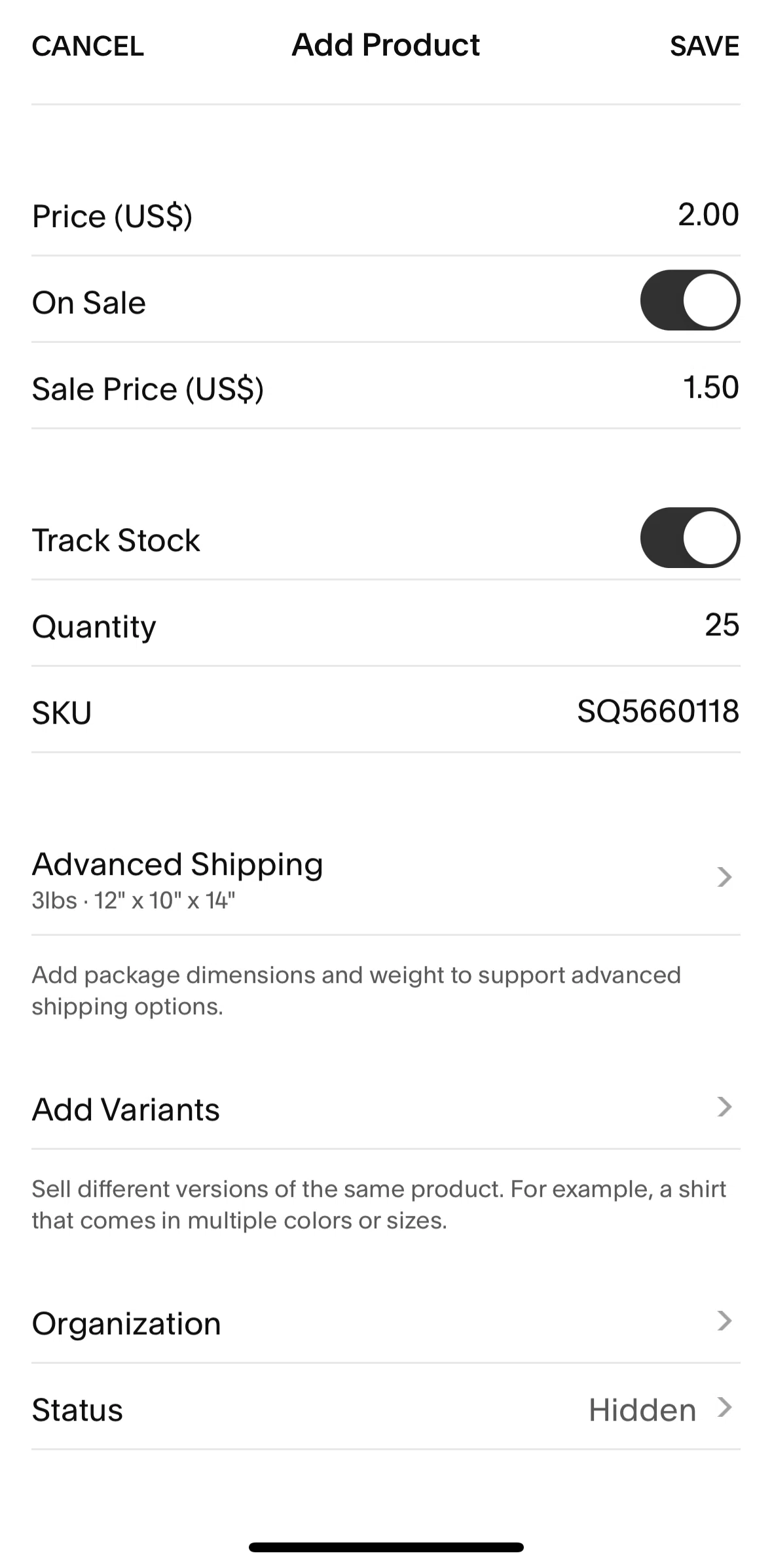 Squarespace Screen screen in the Adding variants flow
