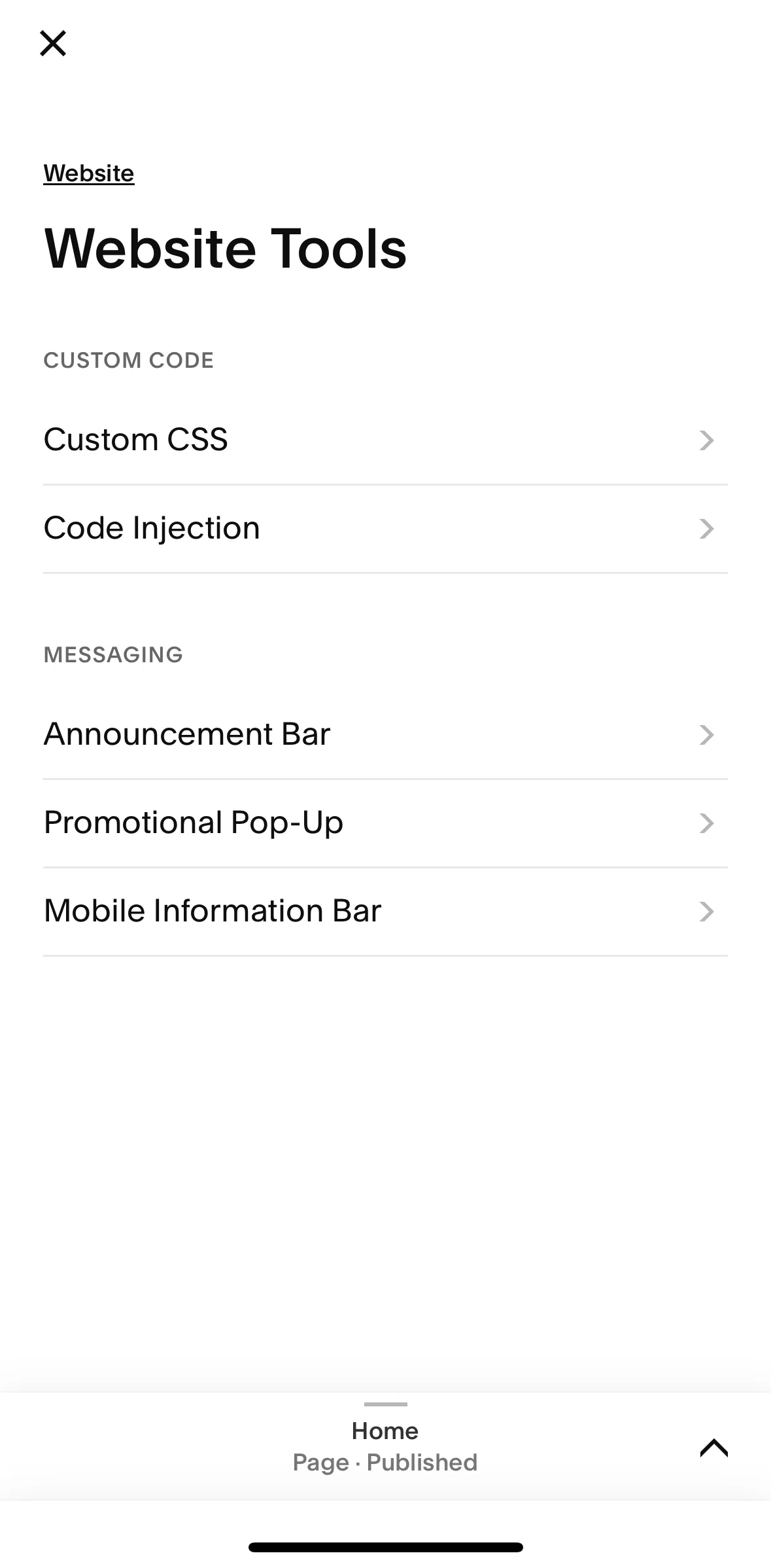 Squarespace Screen screen in the Code injection flow