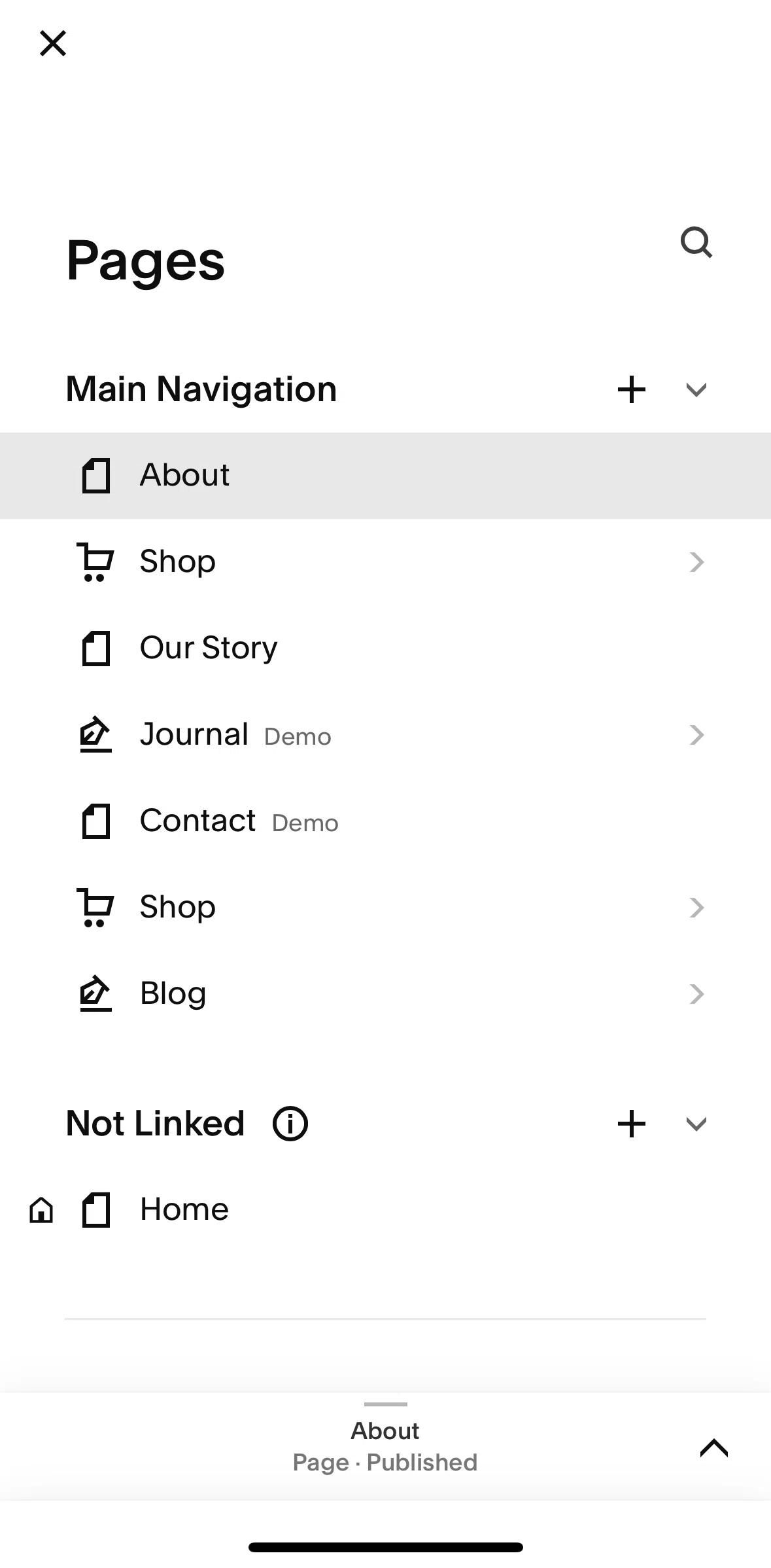 Squarespace Screen screen in the Deleting a page flow