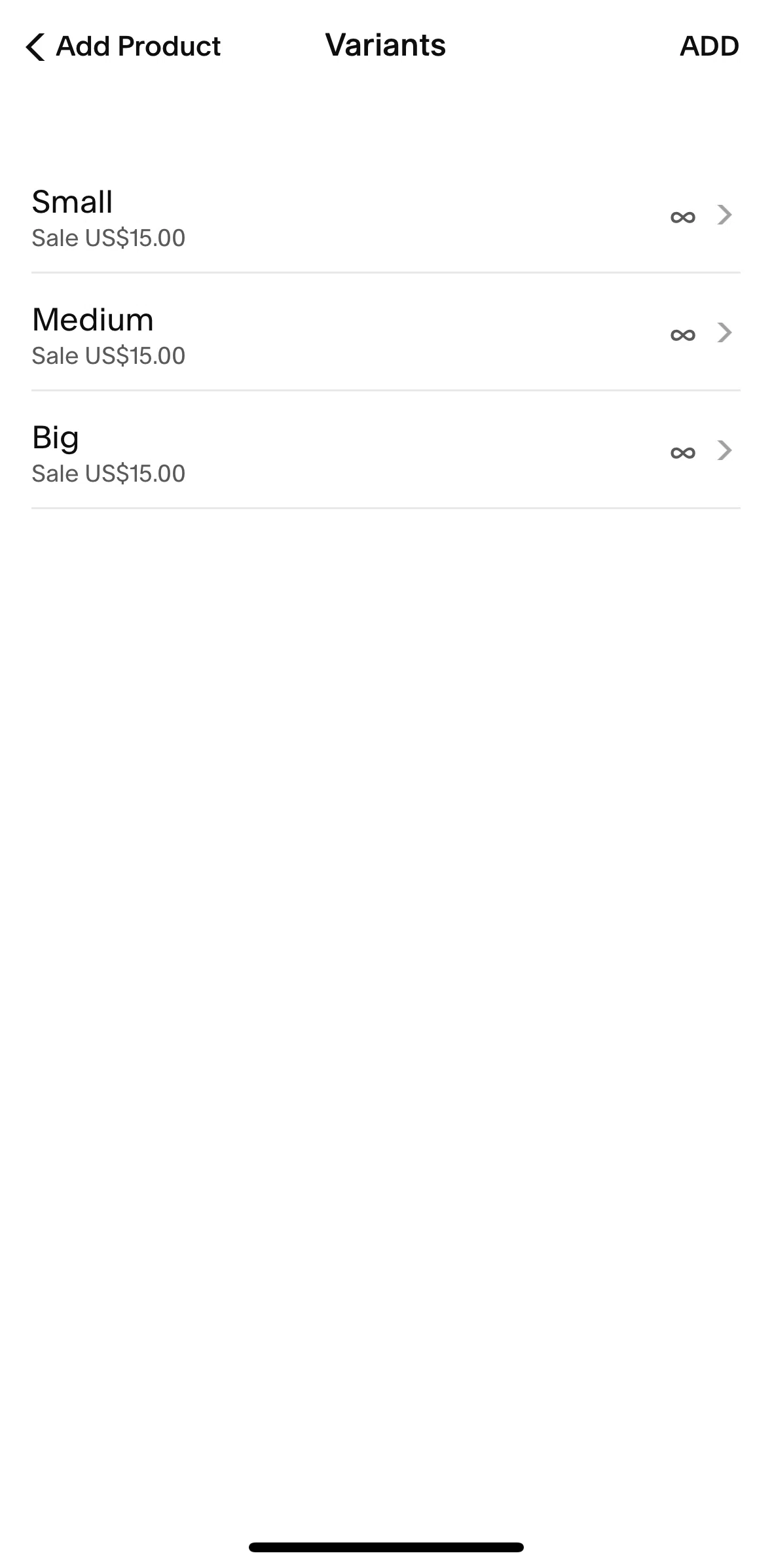 Squarespace Screen screen in the Edit variants flow