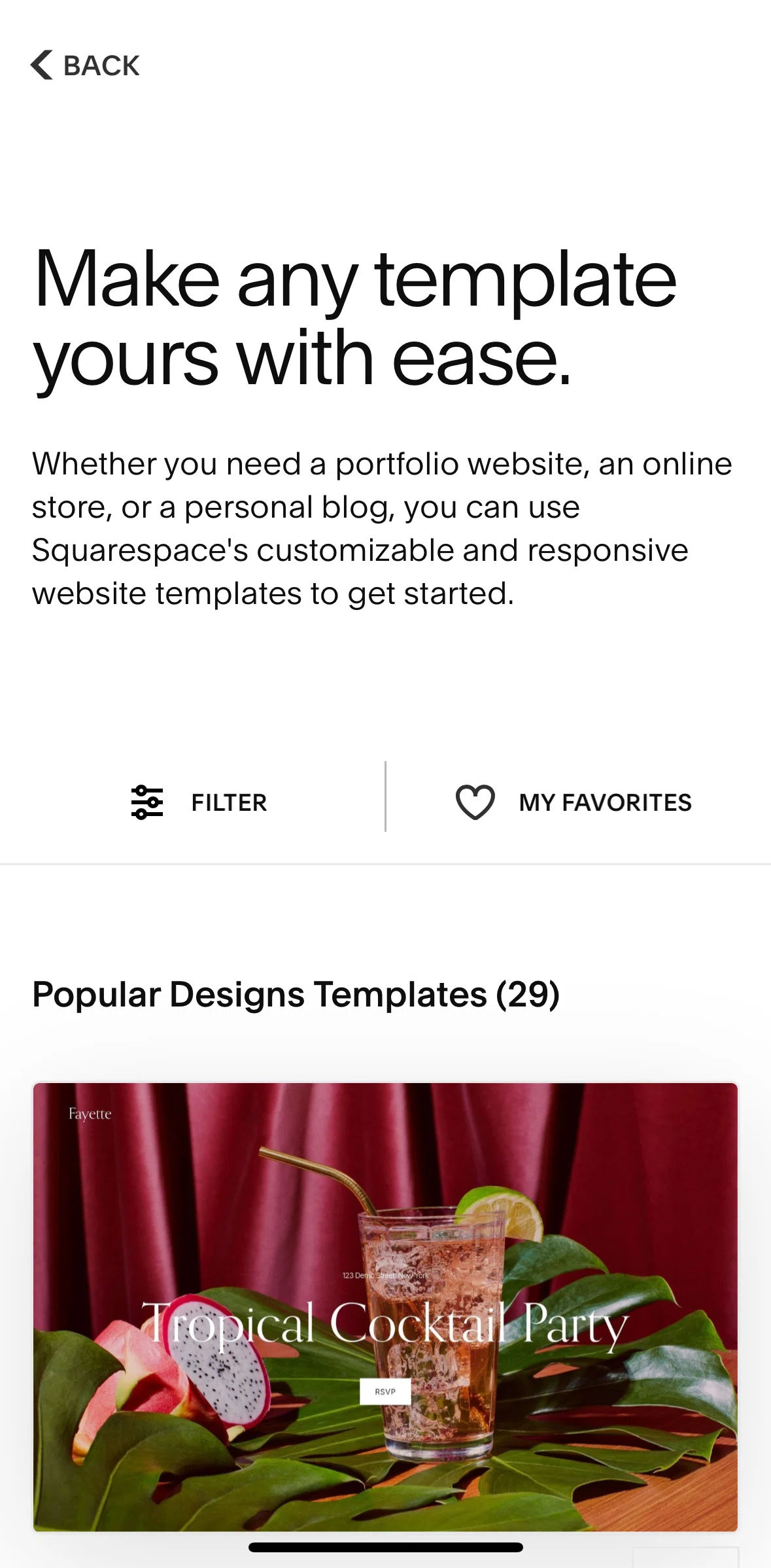 Squarespace Screen screen in the Filtering templates flow