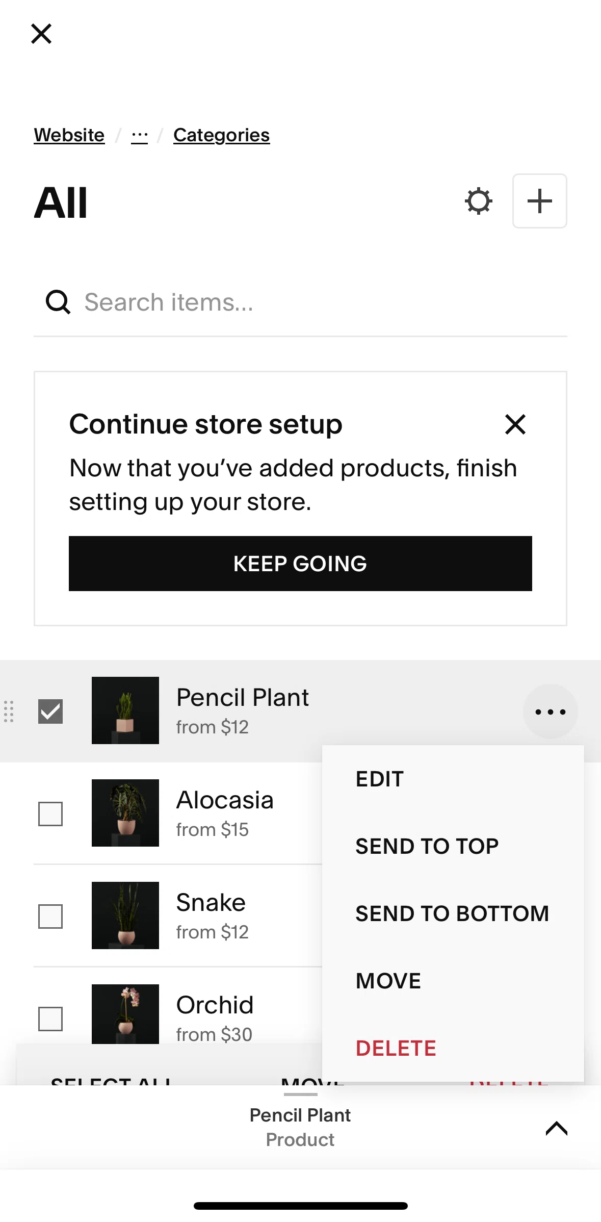 Squarespace Screen screen in the Moving a product to collection flow