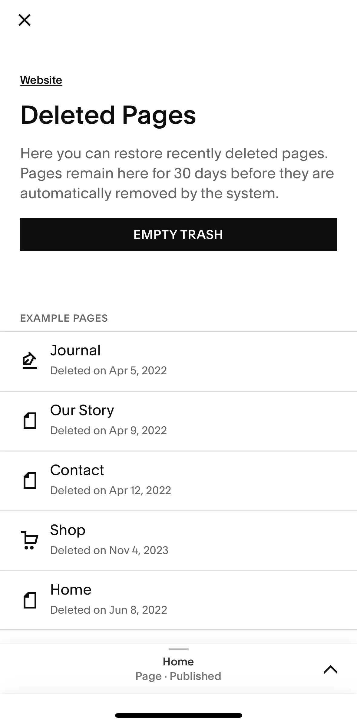Squarespace Screen screen in the Restoring a page flow