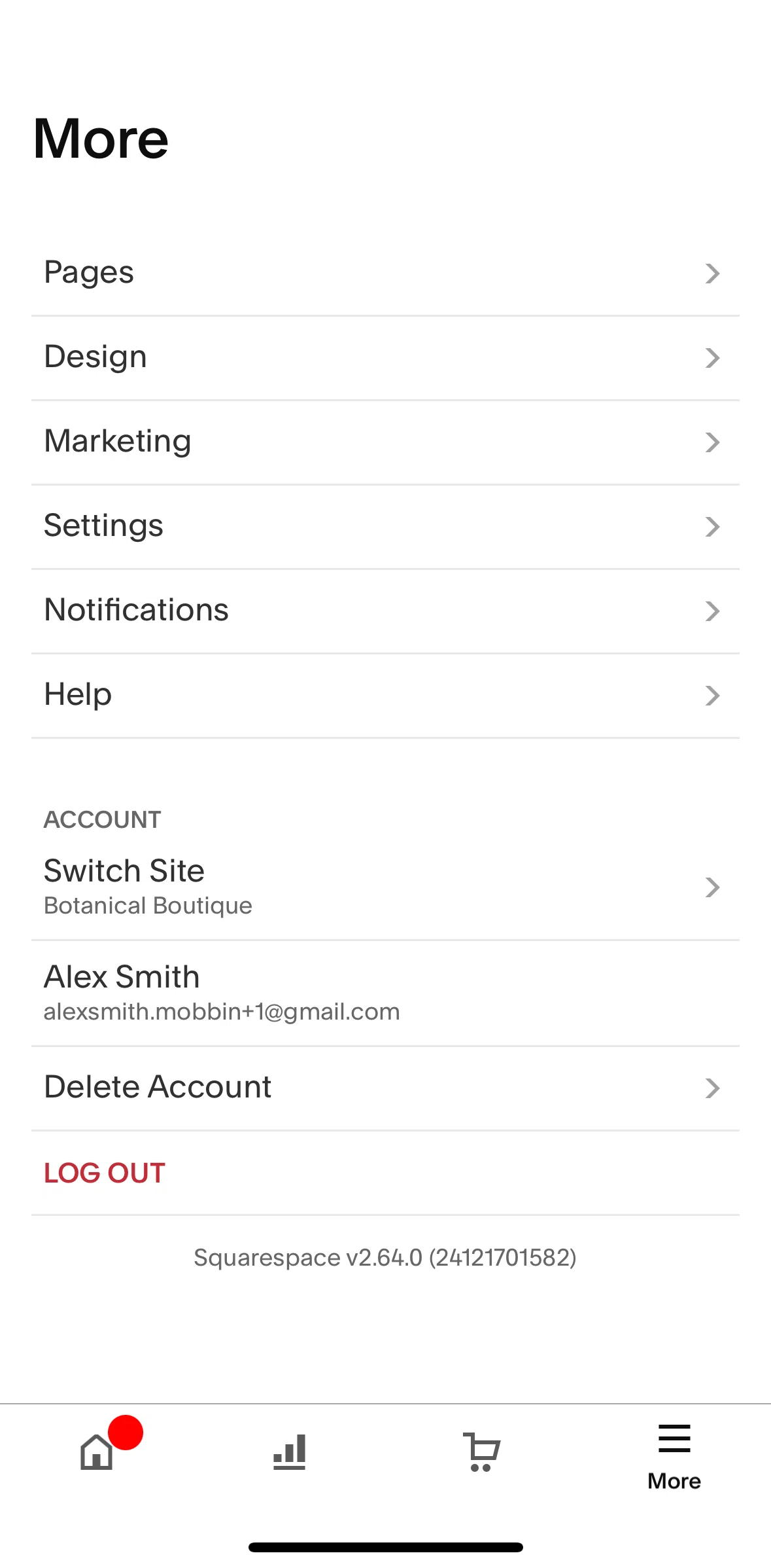 Squarespace Screen screen in the Settings flow