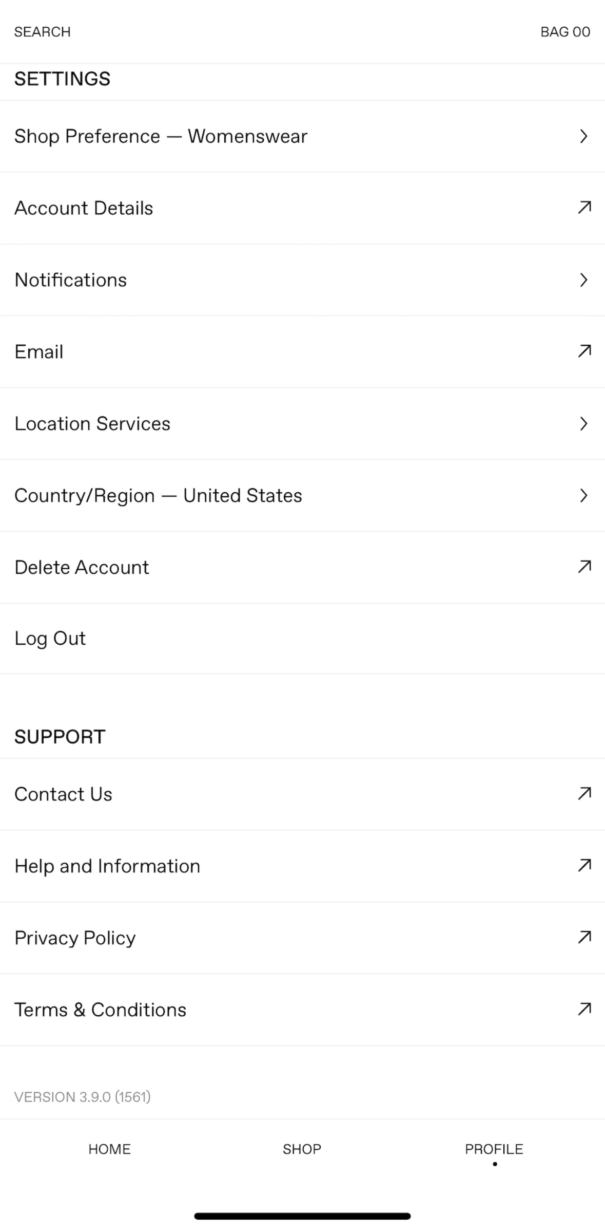SSENSE Screen screen in the Changing shop preference flow