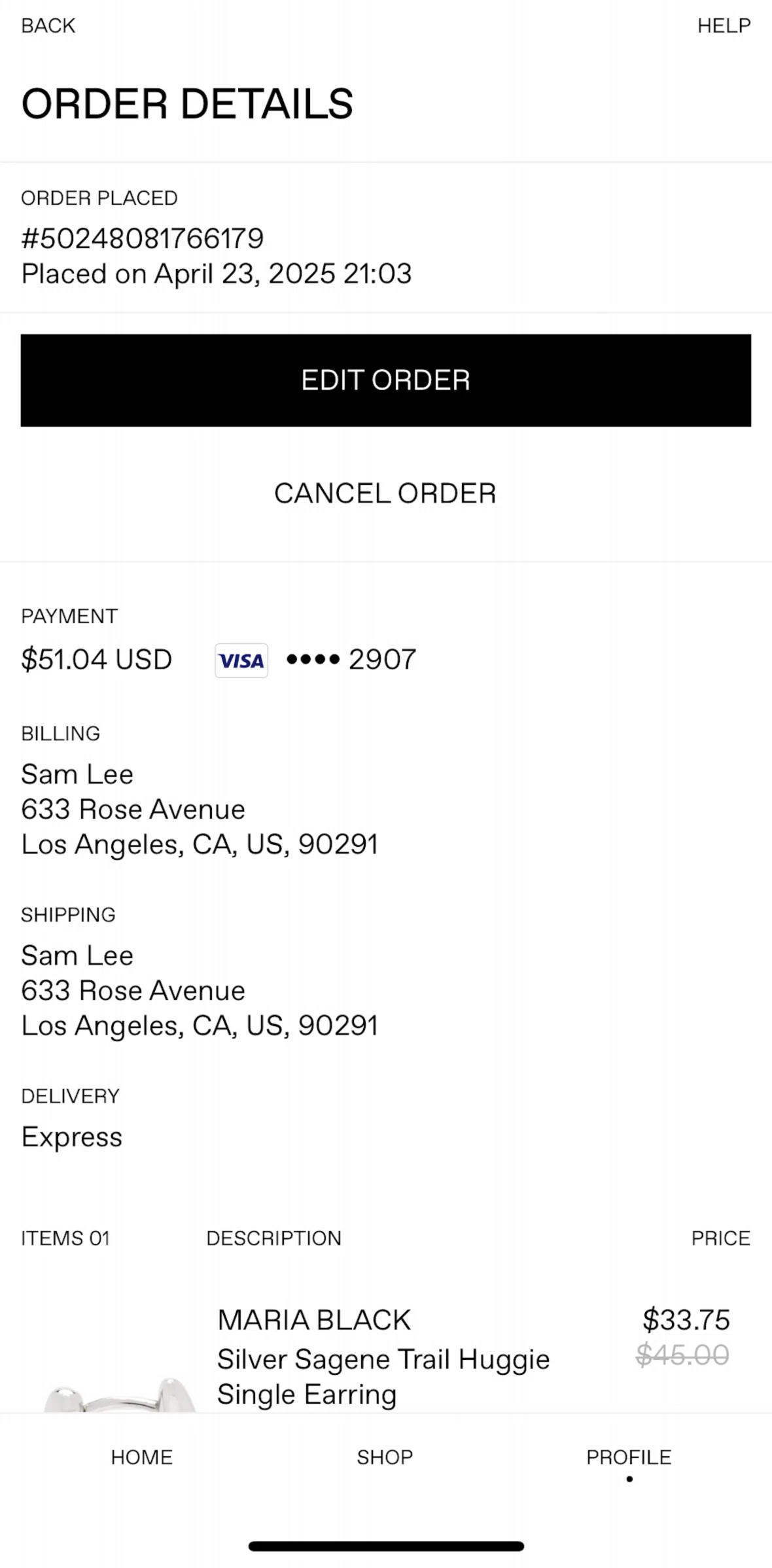 SSENSE Screen screen in the Editing an order flow
