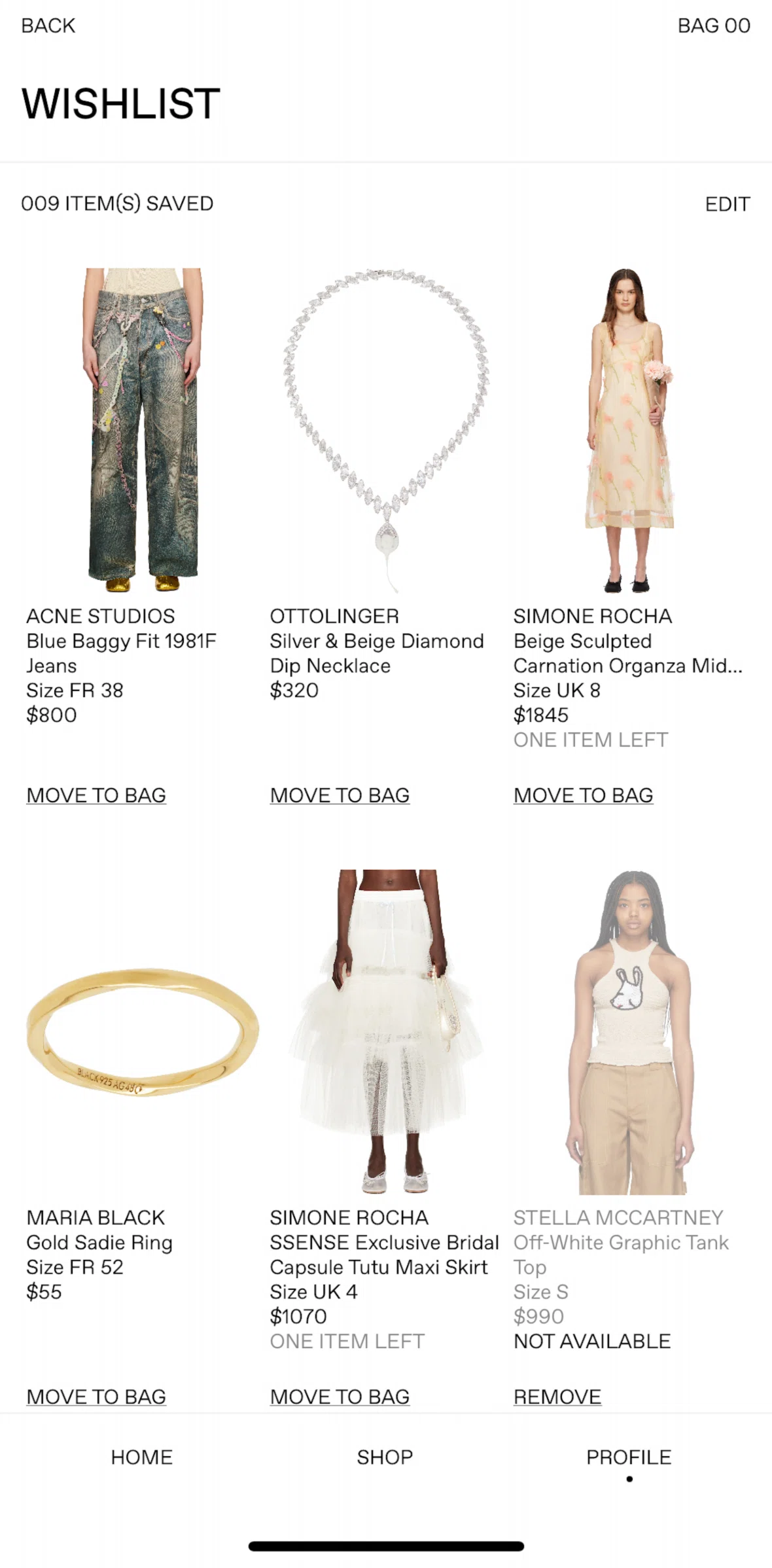 SSENSE Screen screen in the Moving to shopping bag flow