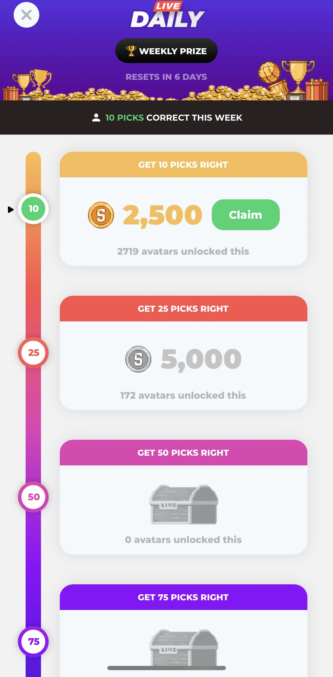 Stadium Live Screen screen in the Claiming a reward flow