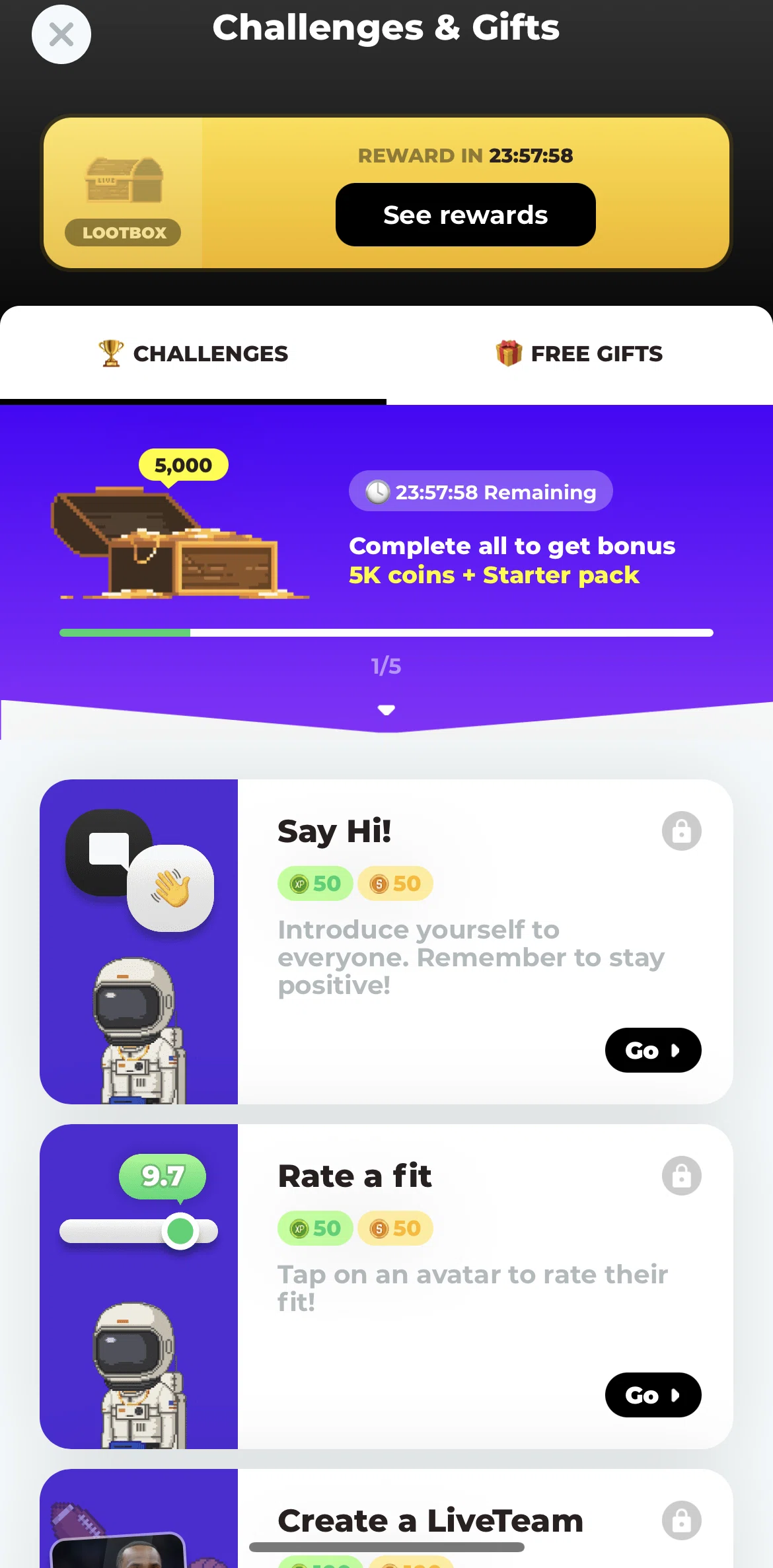 Stadium Live Screen screen in the Daily vibe check flow