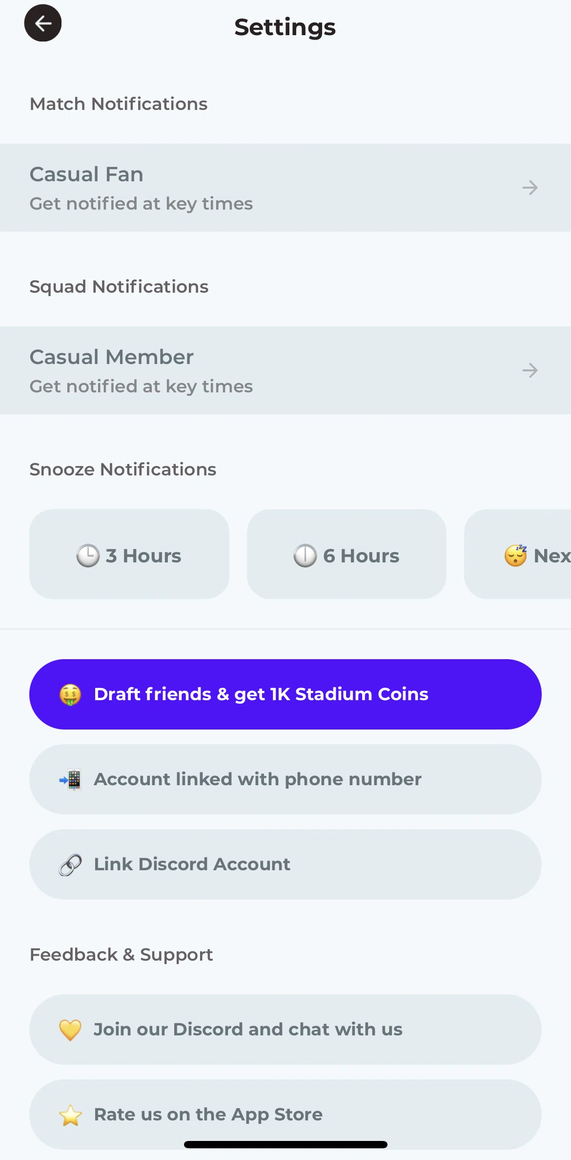 Stadium Live Screen screen in the Settings flow