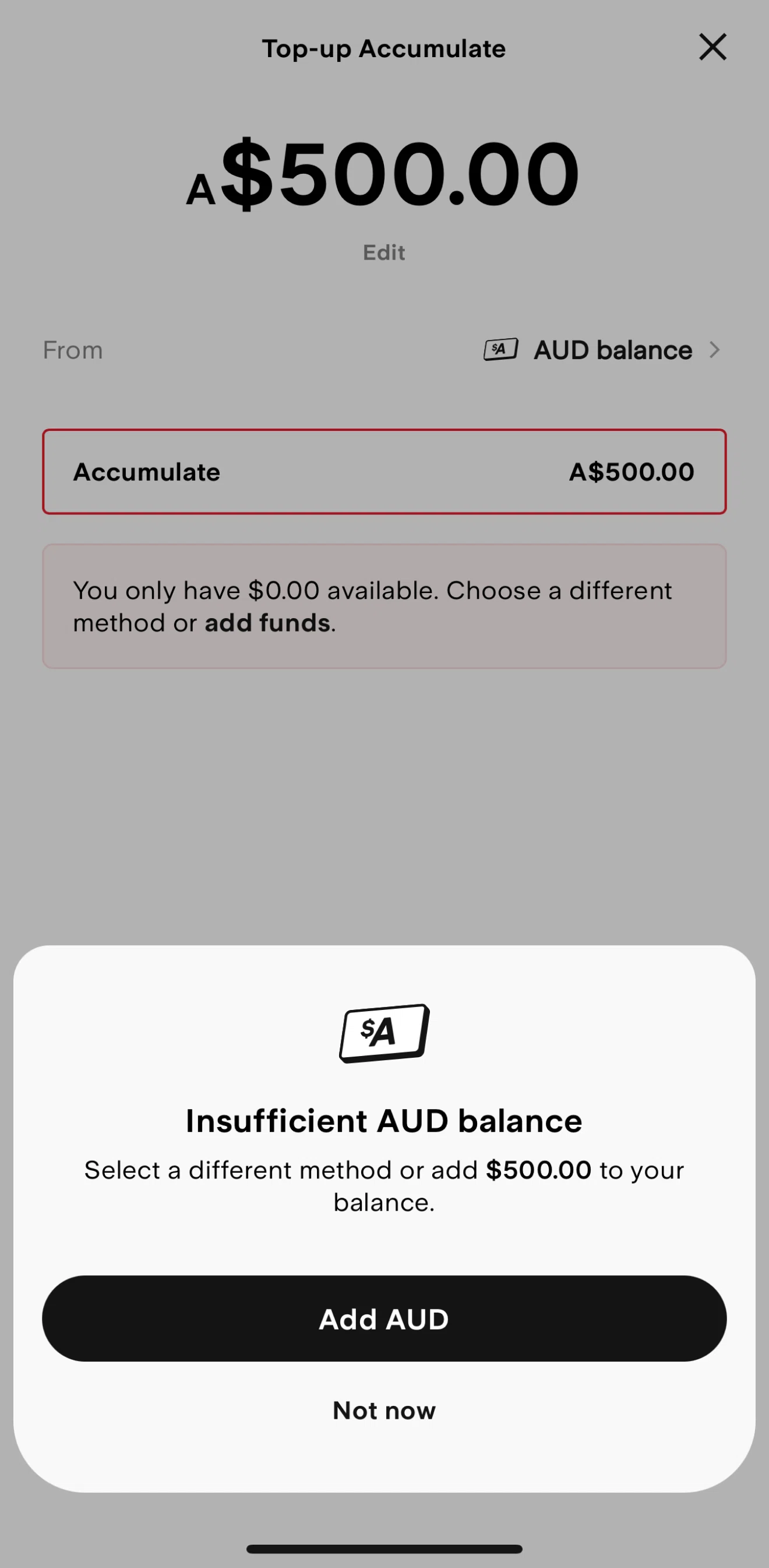 Stake Screen screen in the Add to AUD balance flow